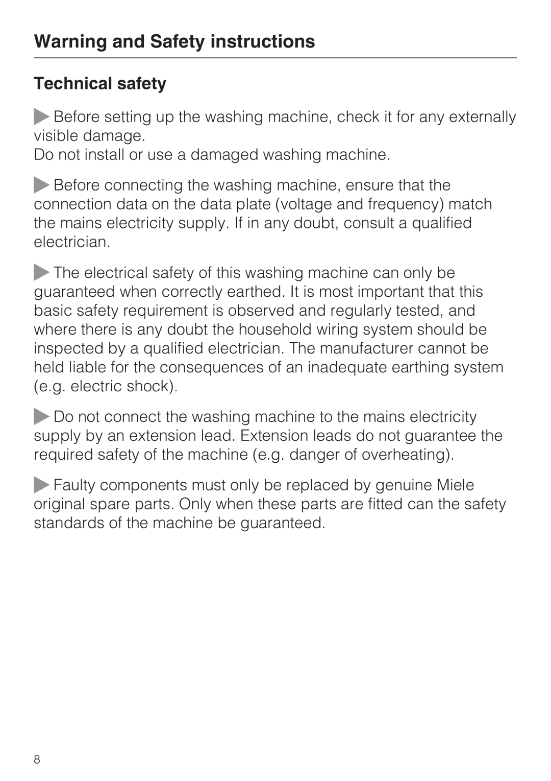 Miele W 5964 WP operating instructions Technical safety 