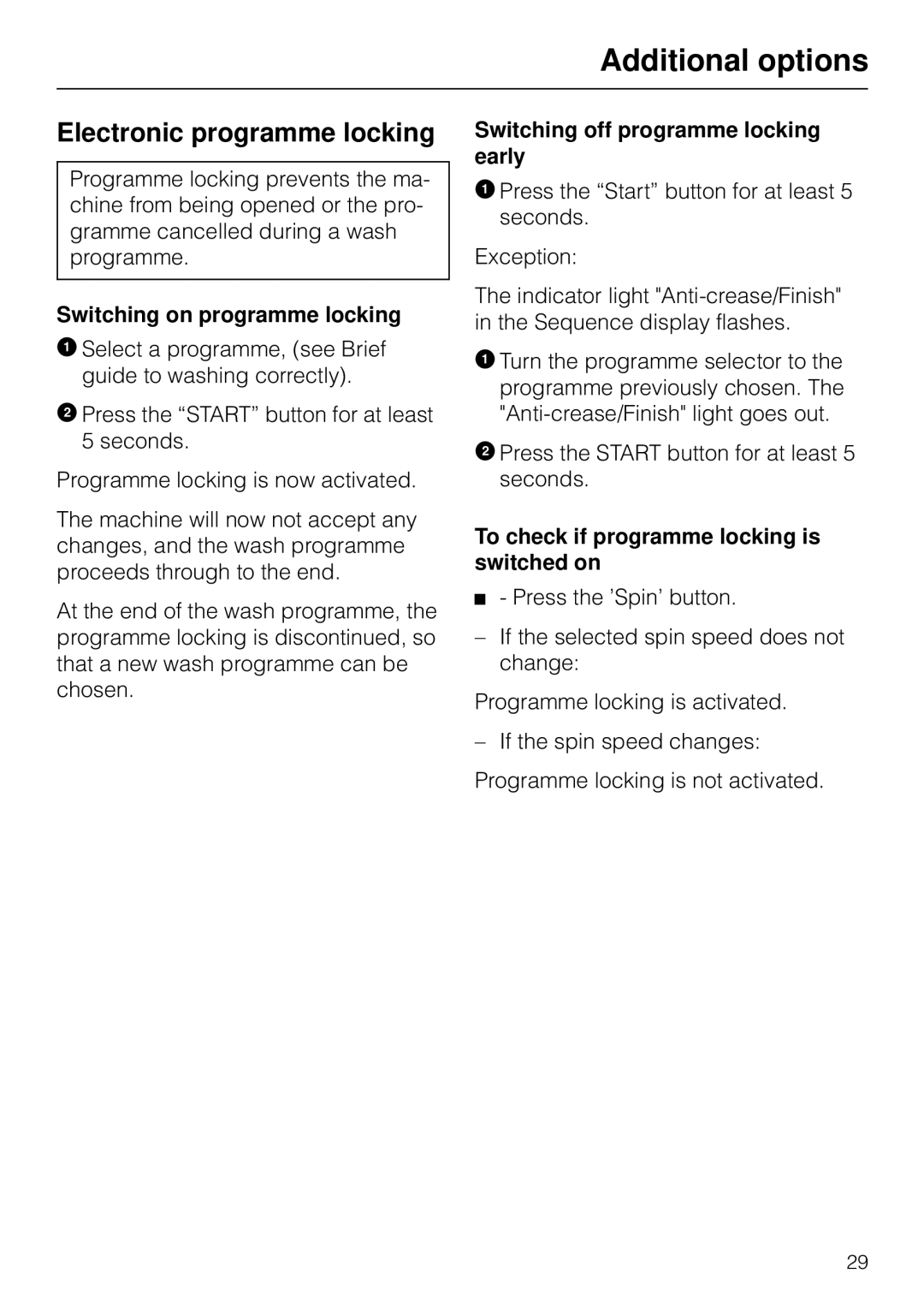 Miele W 853 Electronic programme locking, Switching on programme locking, Switching off programme locking early 