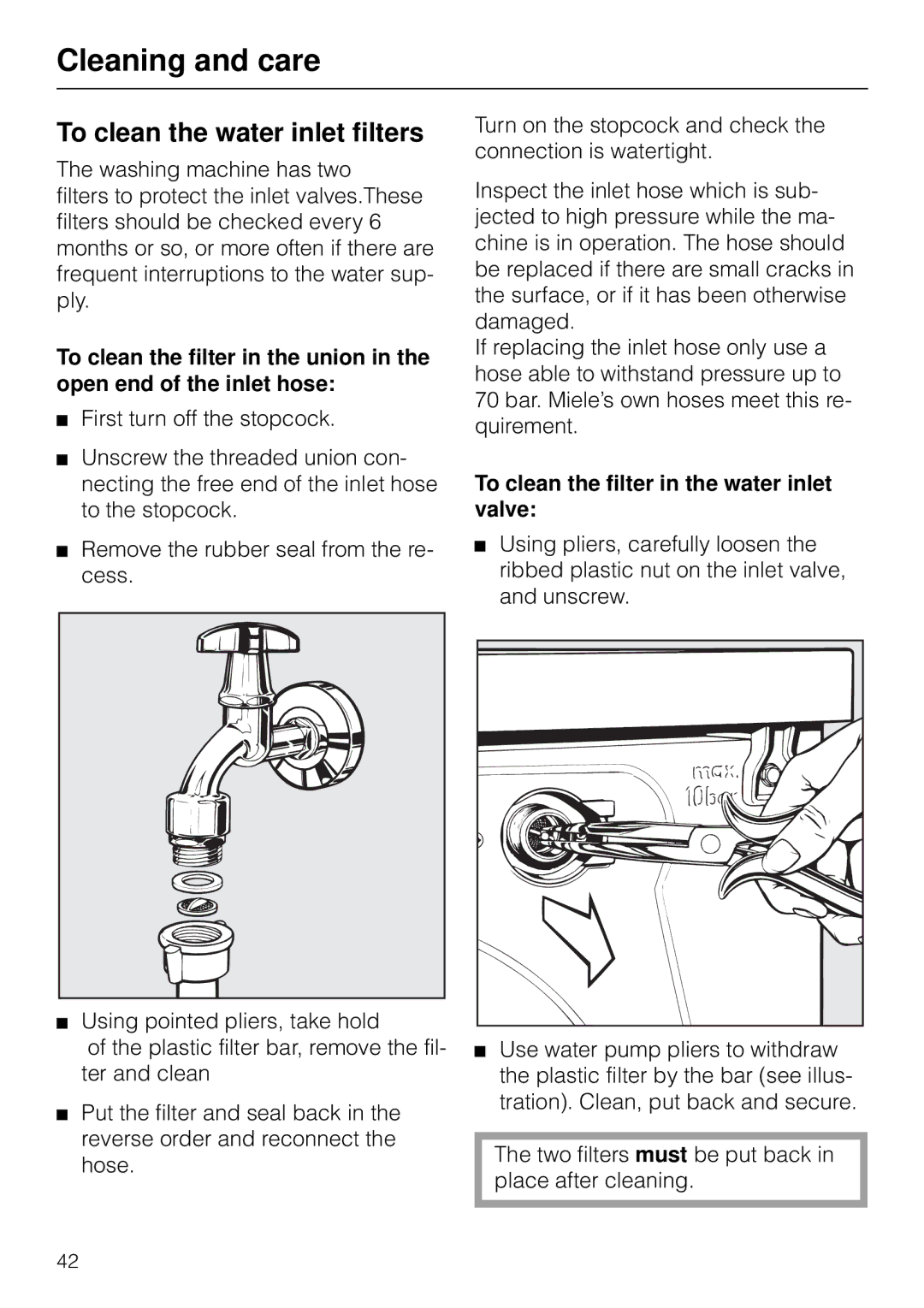 Miele W 853 operating instructions To clean the water inlet filters, To clean the filter in the water inlet valve 