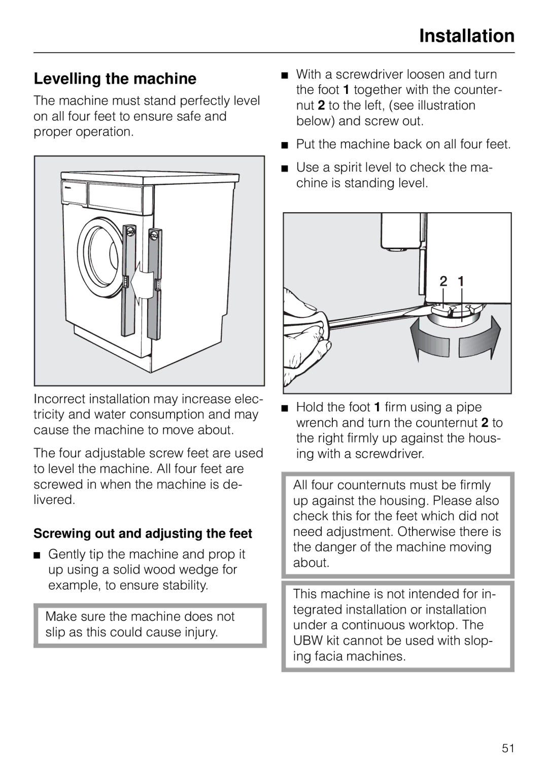 Miele W 853 operating instructions Levelling the machine, Screwing out and adjusting the feet 