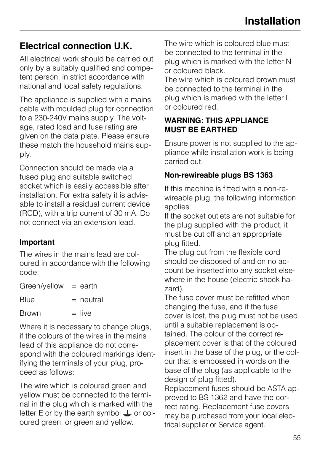 Miele W 853 operating instructions Electrical connection U.K, Non-rewireable plugs BS 