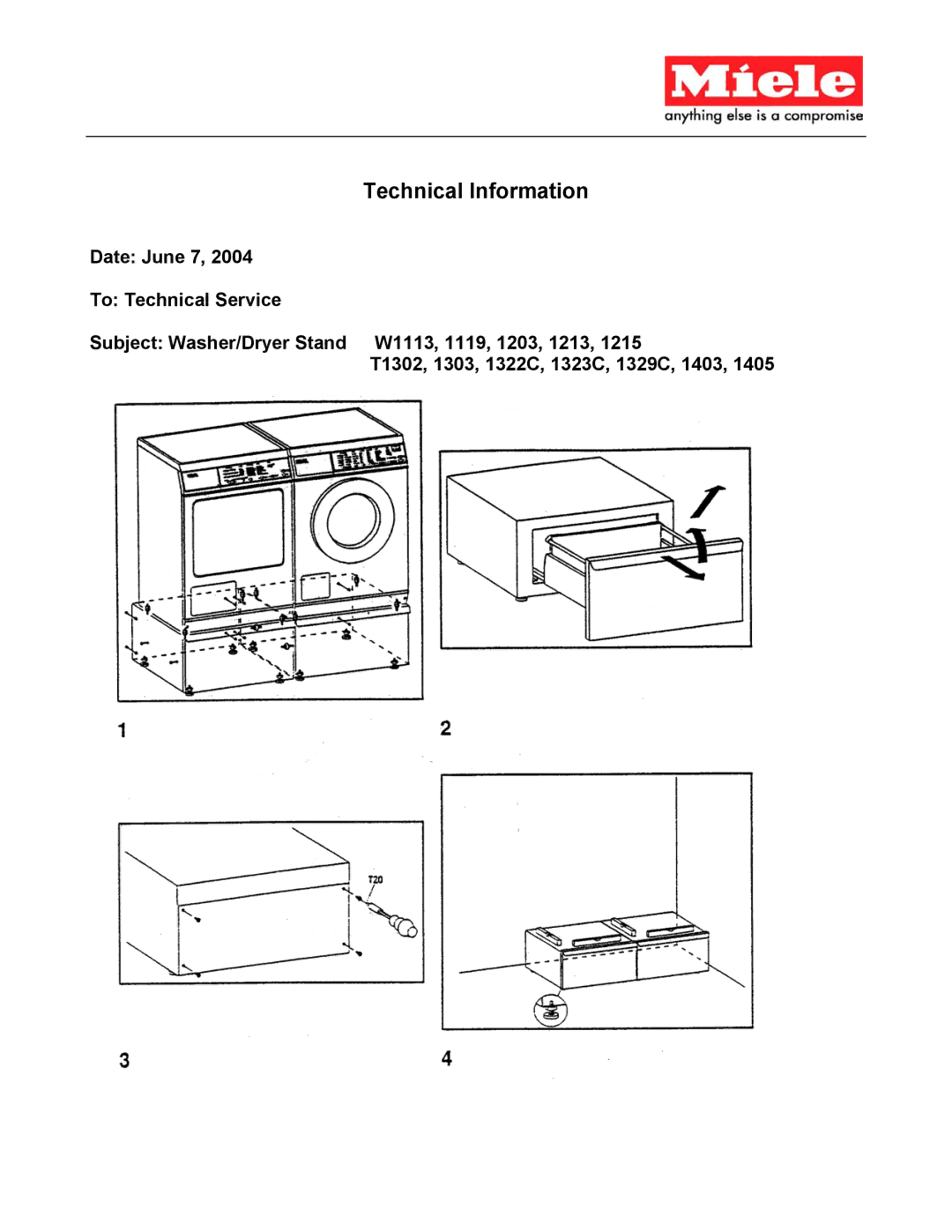 Miele Washer/Dryer Stand, W1113, 1322C, 1203, 1329C, 1405, 1403, 1119, 1323C, 1213, 1303, 1215 T1302 manual Technical Information 