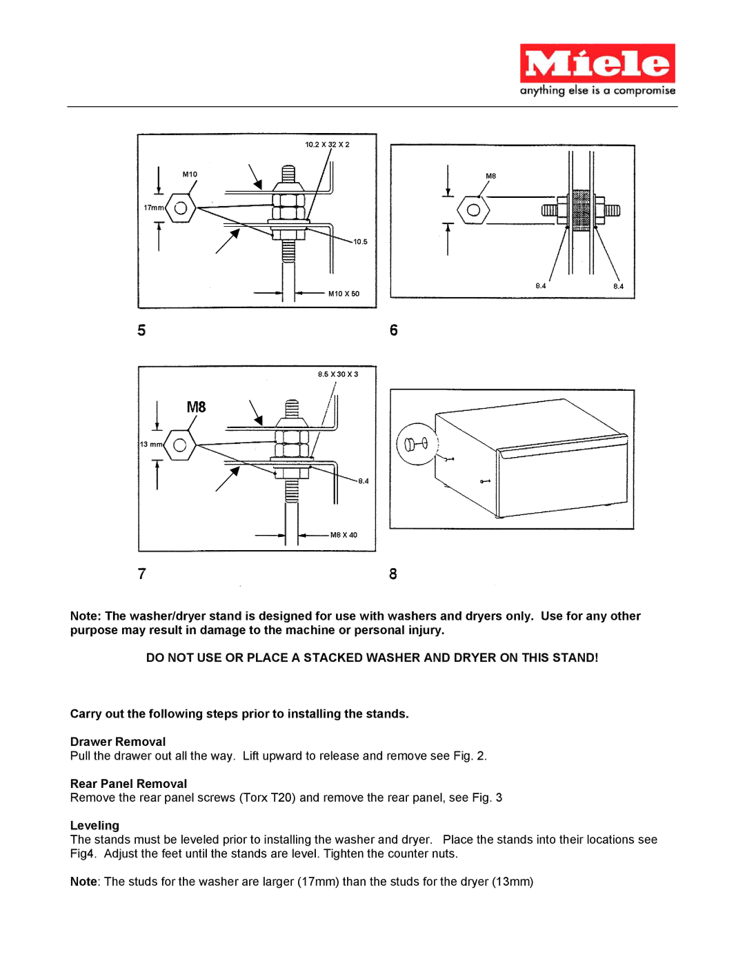 Miele 1322C, W1113, Washer/Dryer Stand, 1203, 1329C, 1405, 1403, 1119, 1323C, 1213, 1303, 1215 T1302 Rear Panel Removal, Leveling 