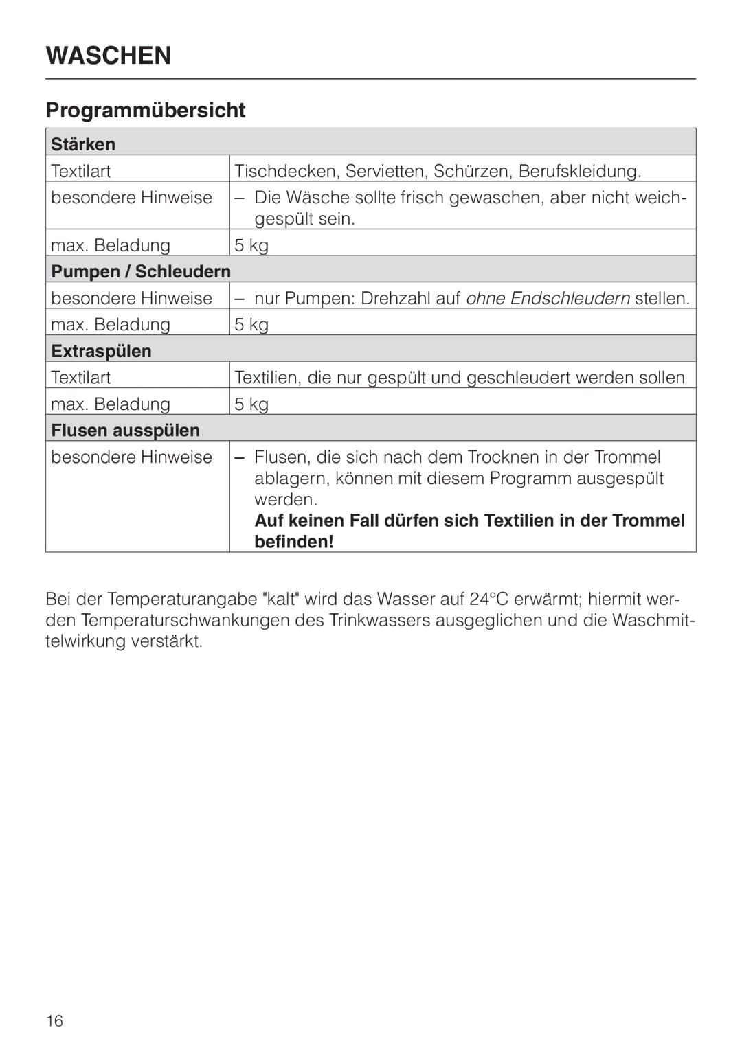 Miele WT 945 manual Stärken, Pumpen / Schleudern, Extraspülen, Flusen ausspülen, Befinden 