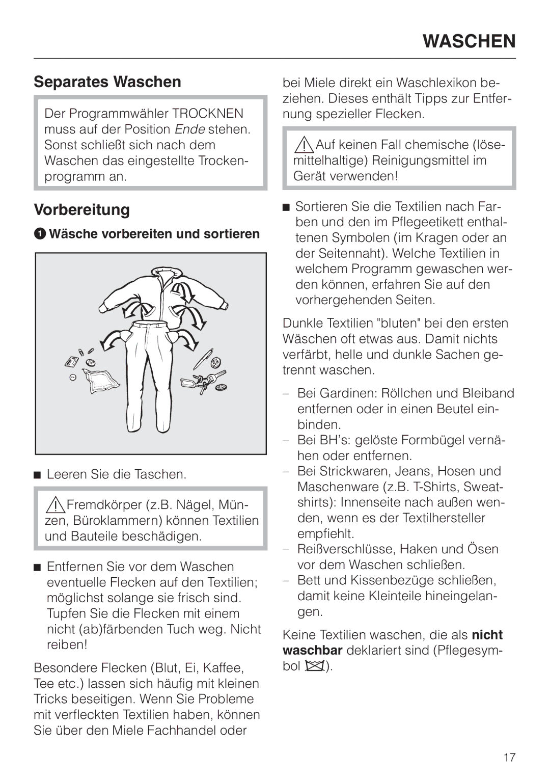 Miele WT 945 manual Separates Waschen, Vorbereitung, AWäsche vorbereiten und sortieren 