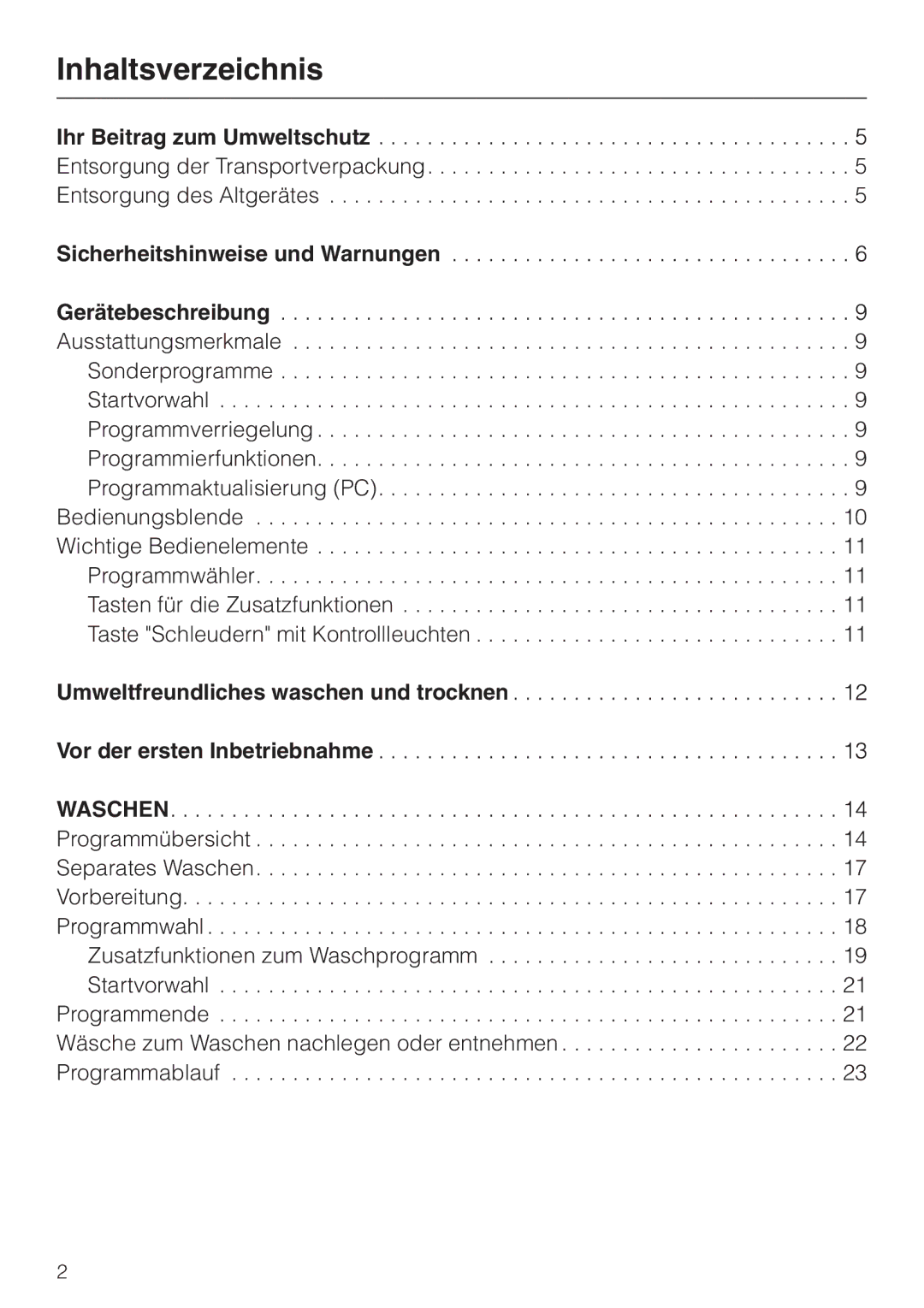 Miele WT 945 manual Inhaltsverzeichnis, Ihr Beitrag zum Umweltschutz, Sicherheitshinweise und Warnungen Gerätebeschreibung 