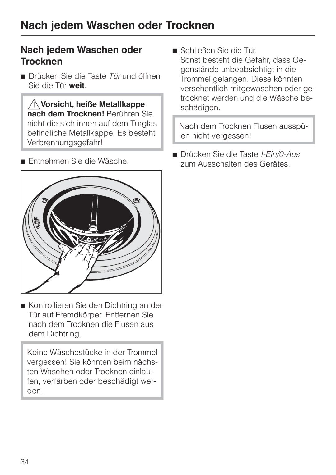 Miele WT 945 manual Nach jedem Waschen oder Trocknen 