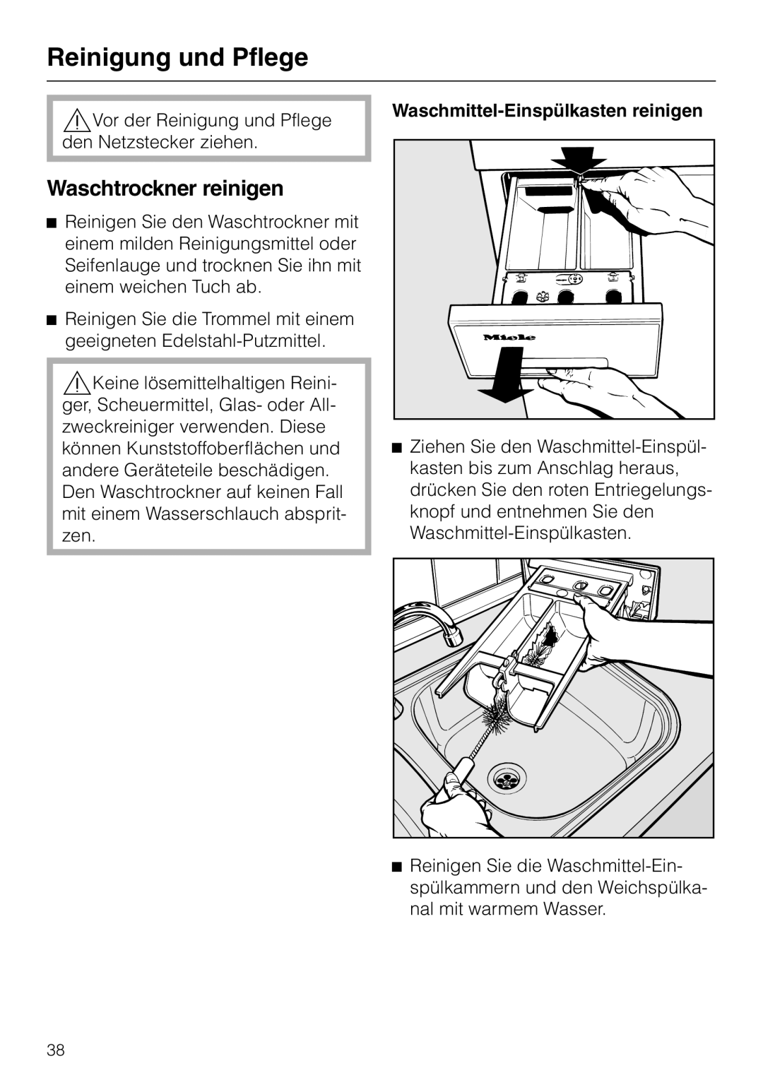 Miele WT 945 manual Reinigung und Pflege, Waschtrockner reinigen, Waschmittel-Einspülkasten reinigen 