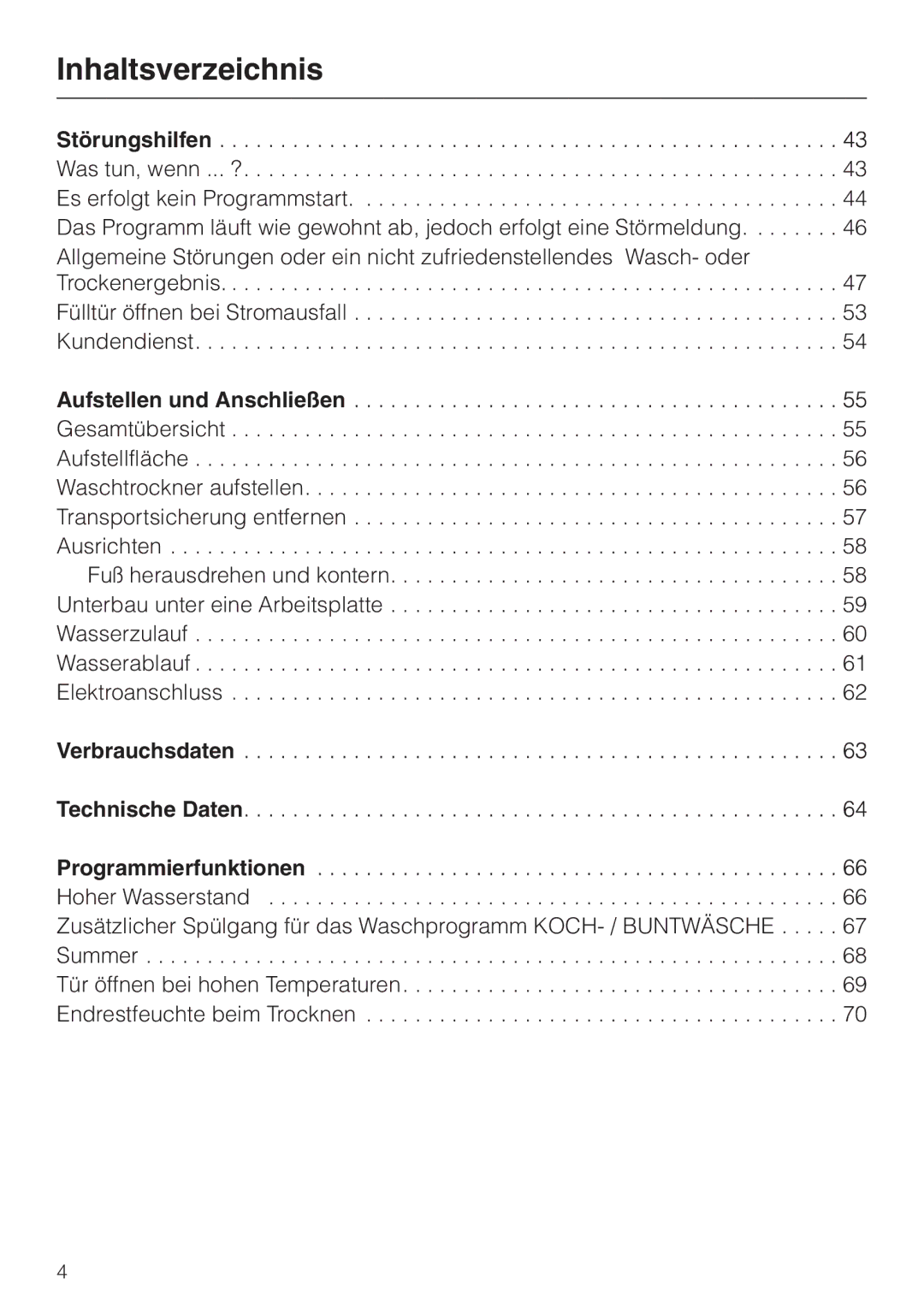 Miele WT 945 manual Störungshilfen, Aufstellen und Anschließen, Verbrauchsdaten Technische Daten Programmierfunktionen 