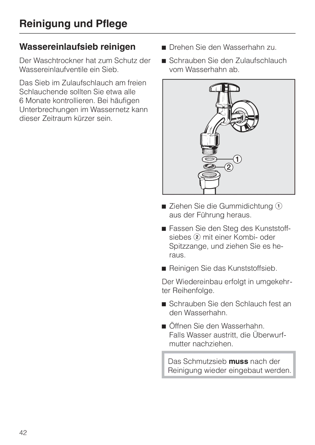 Miele WT 945 manual Wassereinlaufsieb reinigen 