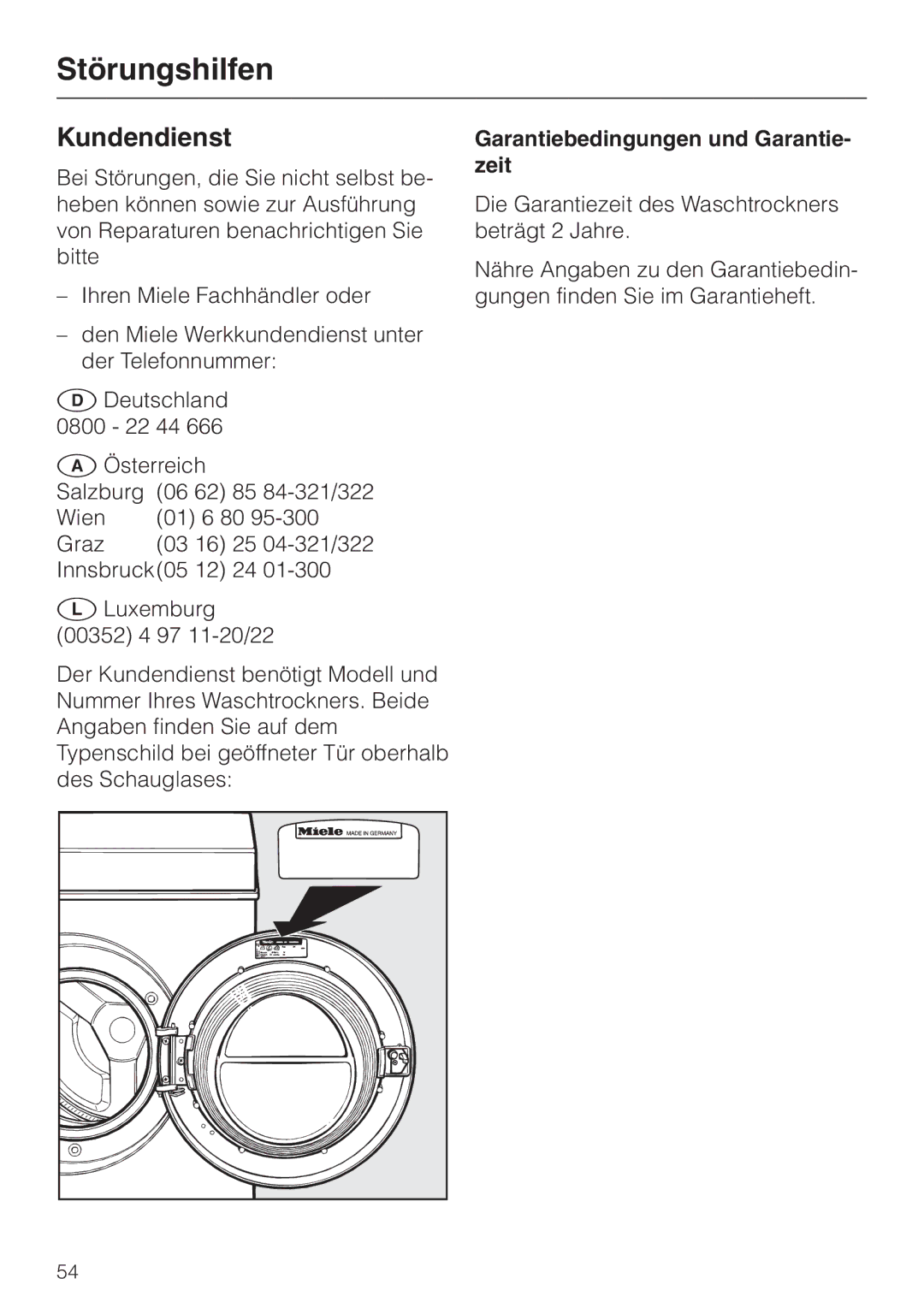 Miele WT 945 manual Kundendienst, Garantiebedingungen und Garantie- zeit 