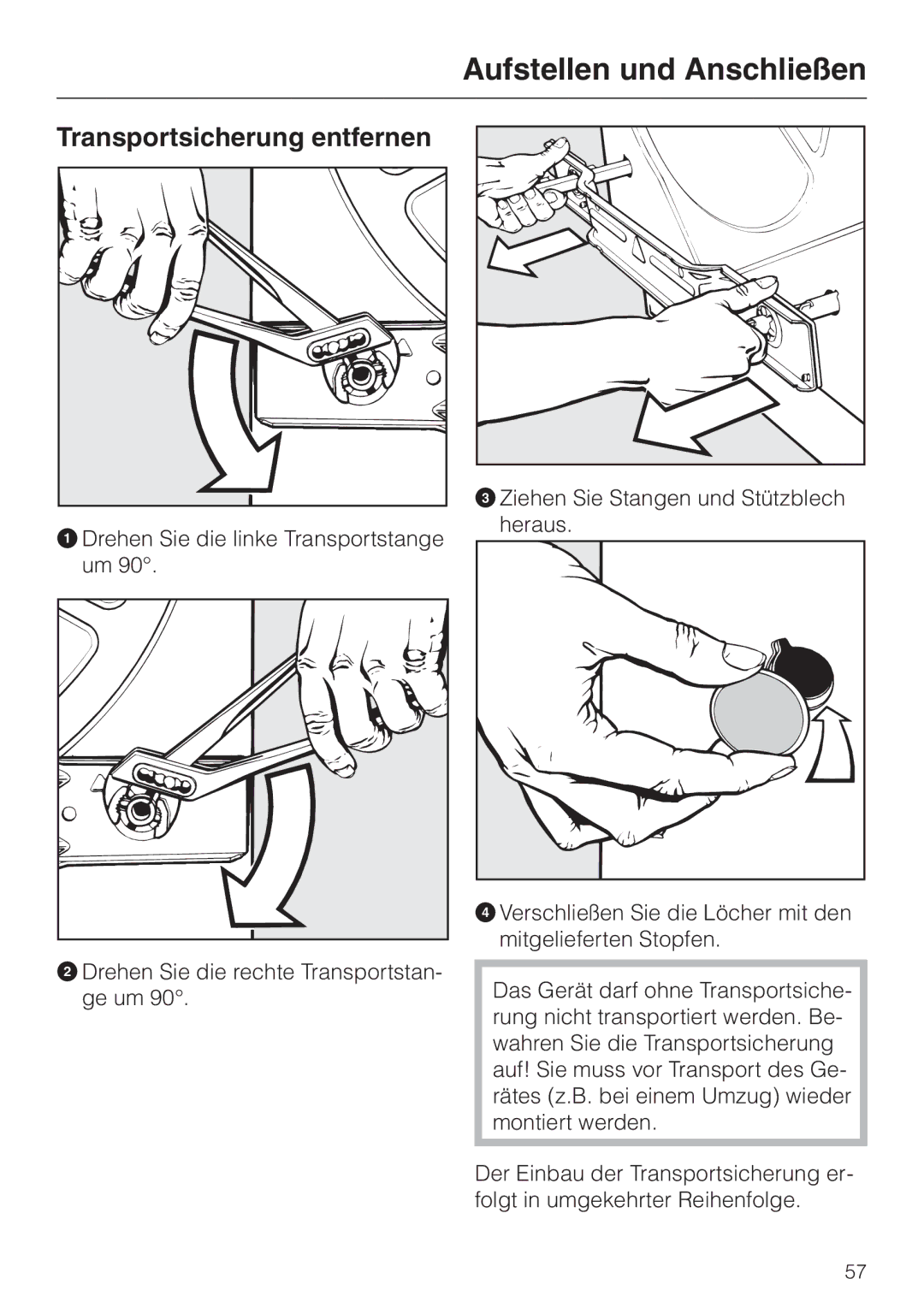Miele WT 945 manual Transportsicherung entfernen 