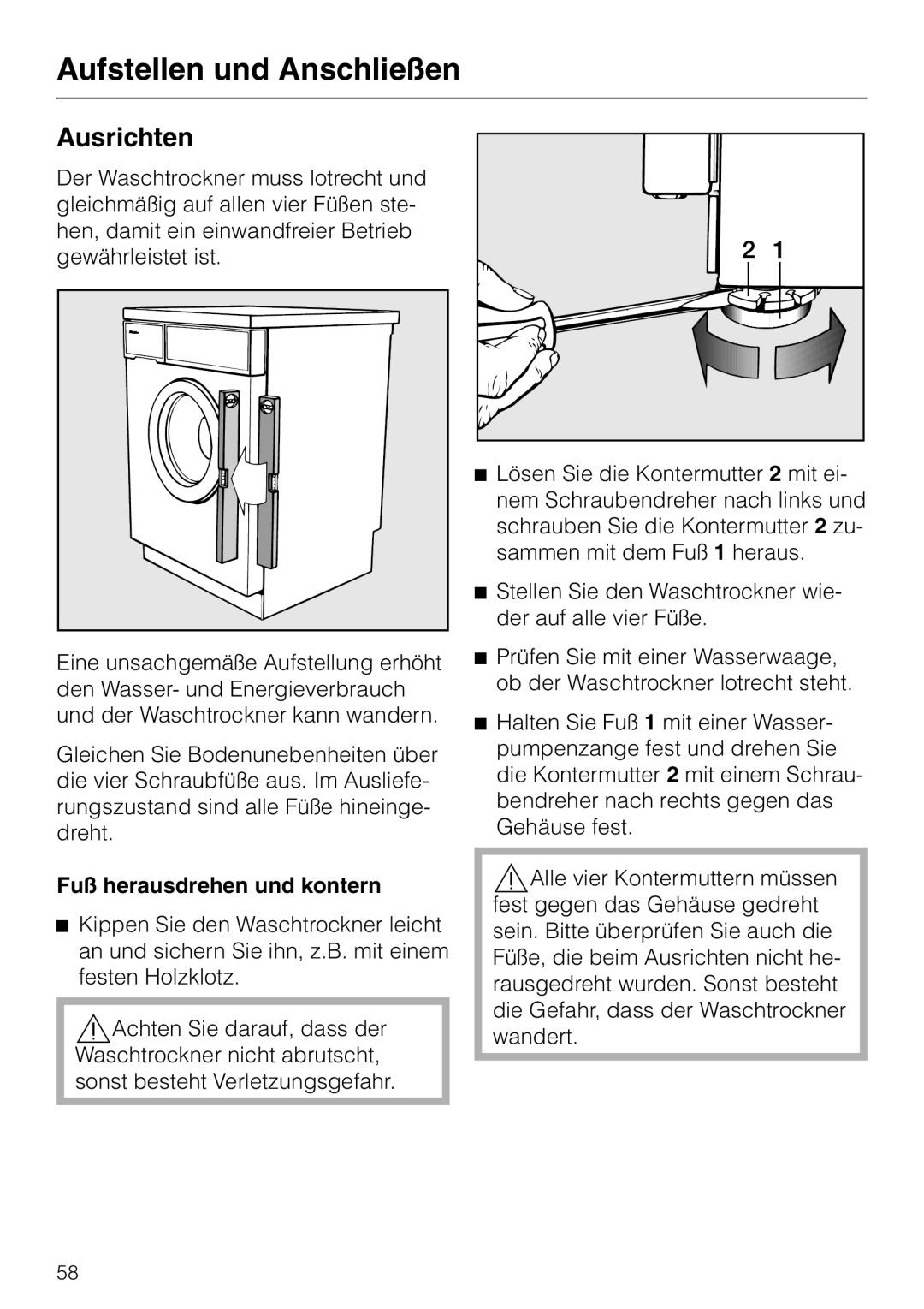 Miele WT 945 manual Ausrichten, Fuß herausdrehen und kontern 