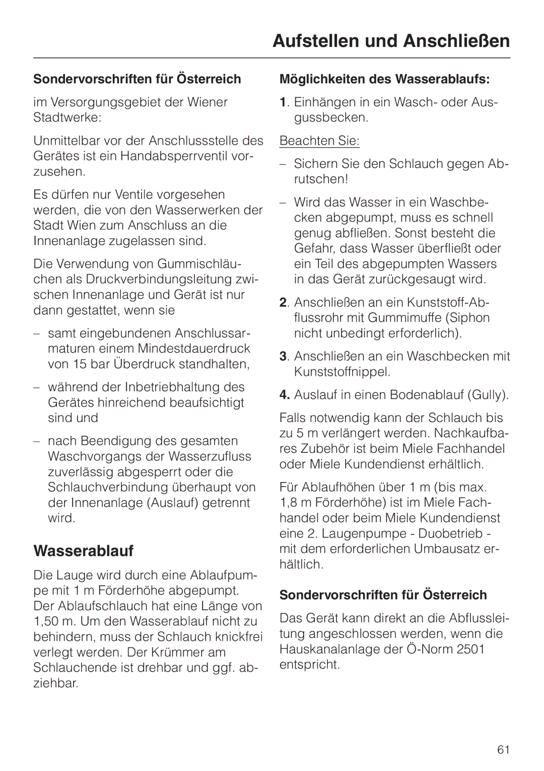 Miele WT 945 manual Sondervorschriften für Österreich, Möglichkeiten des Wasserablaufs 