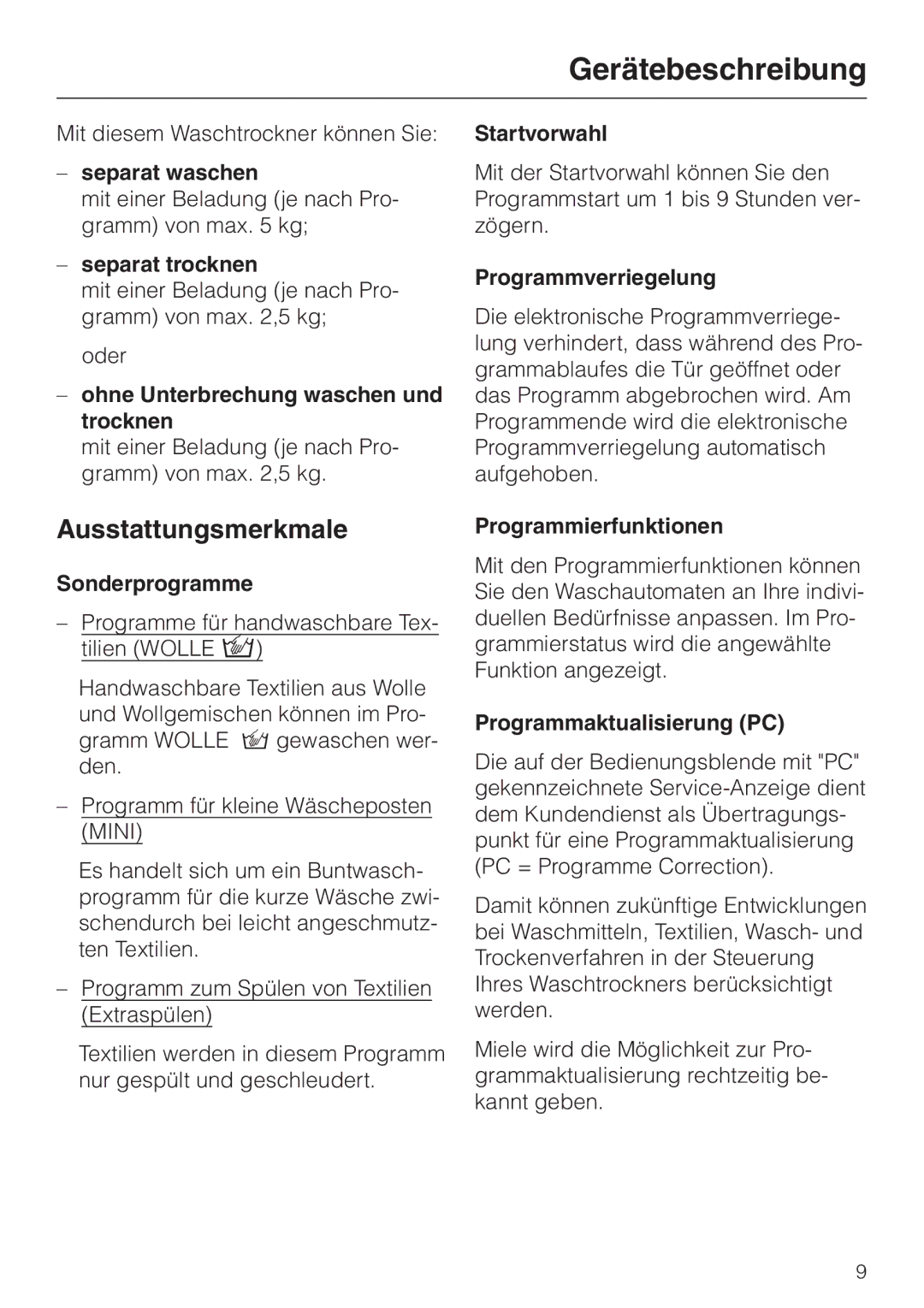 Miele WT 945 manual Gerätebeschreibung, Ausstattungsmerkmale 