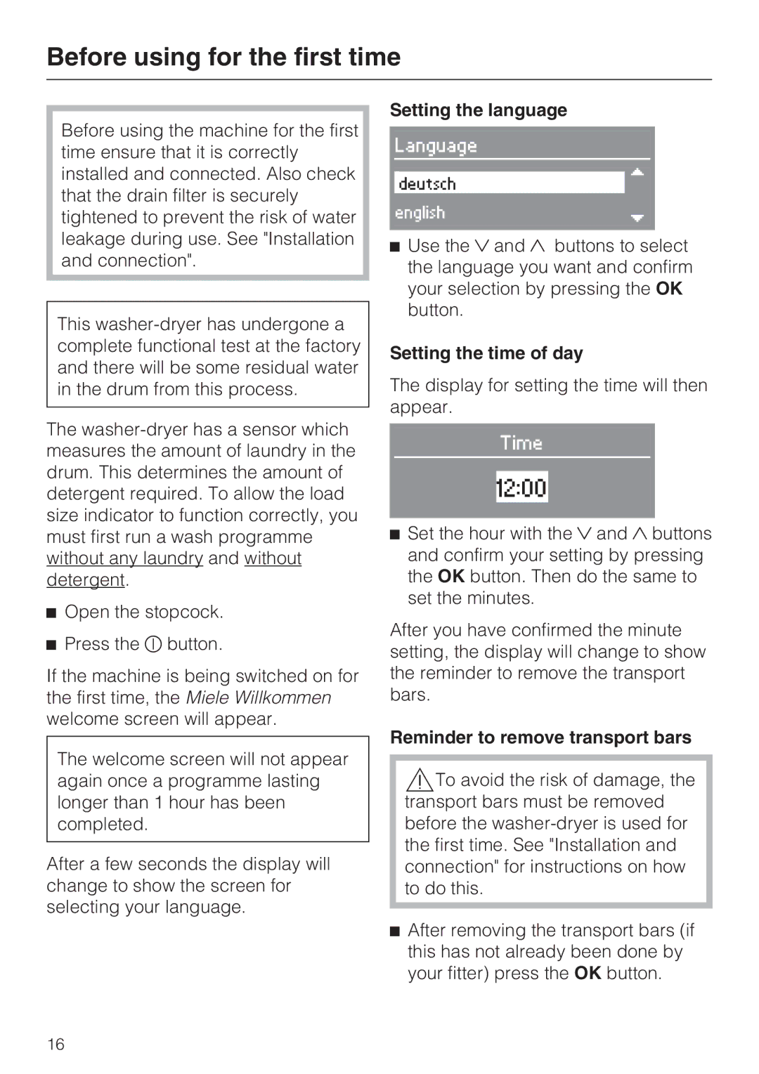 Miele WT2789iWPM operating instructions Before using for the first time, Setting the language, Setting the time of day 