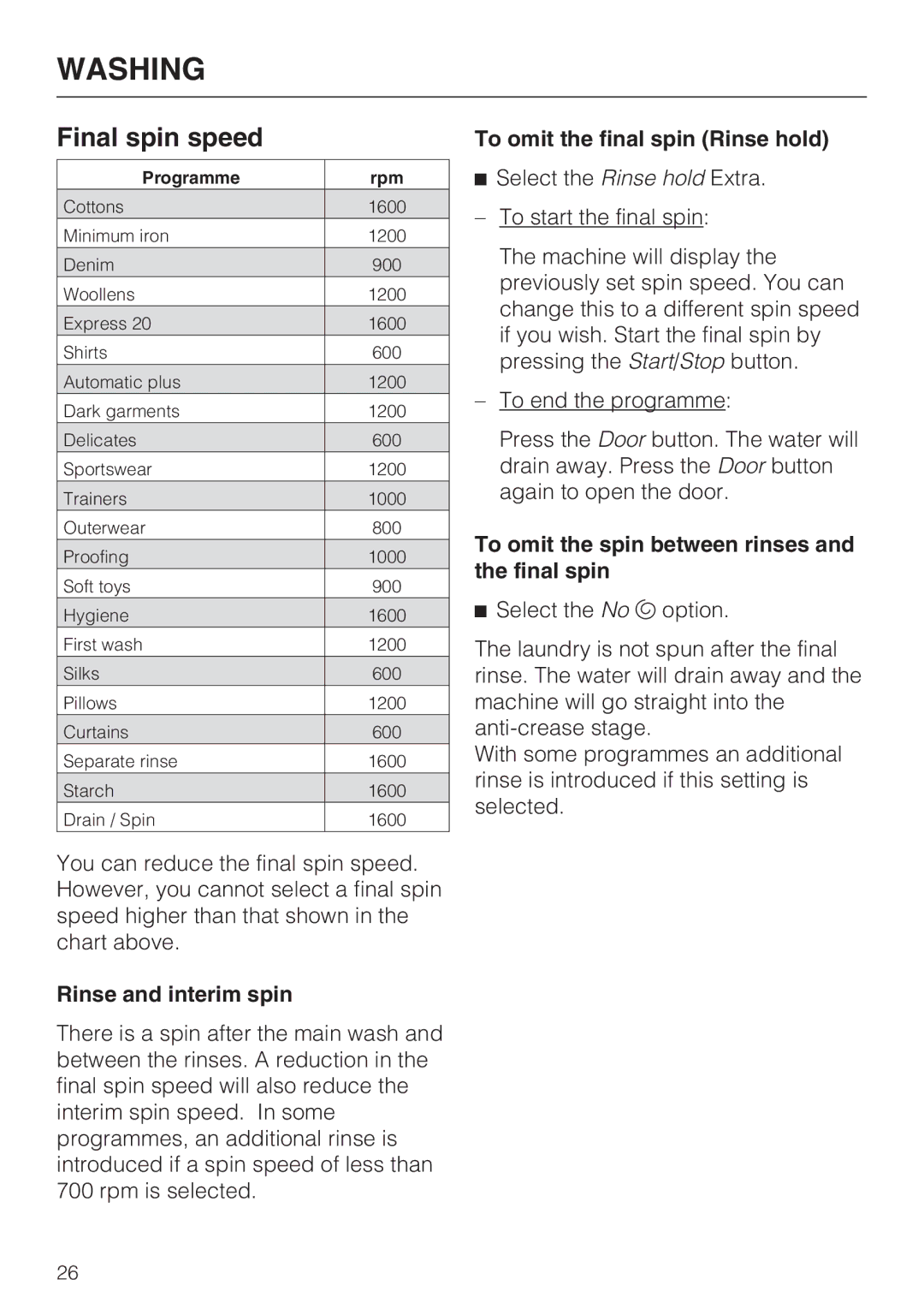 Miele WT2789iWPM operating instructions Final spin speed, Rinse and interim spin, To omit the final spin Rinse hold 