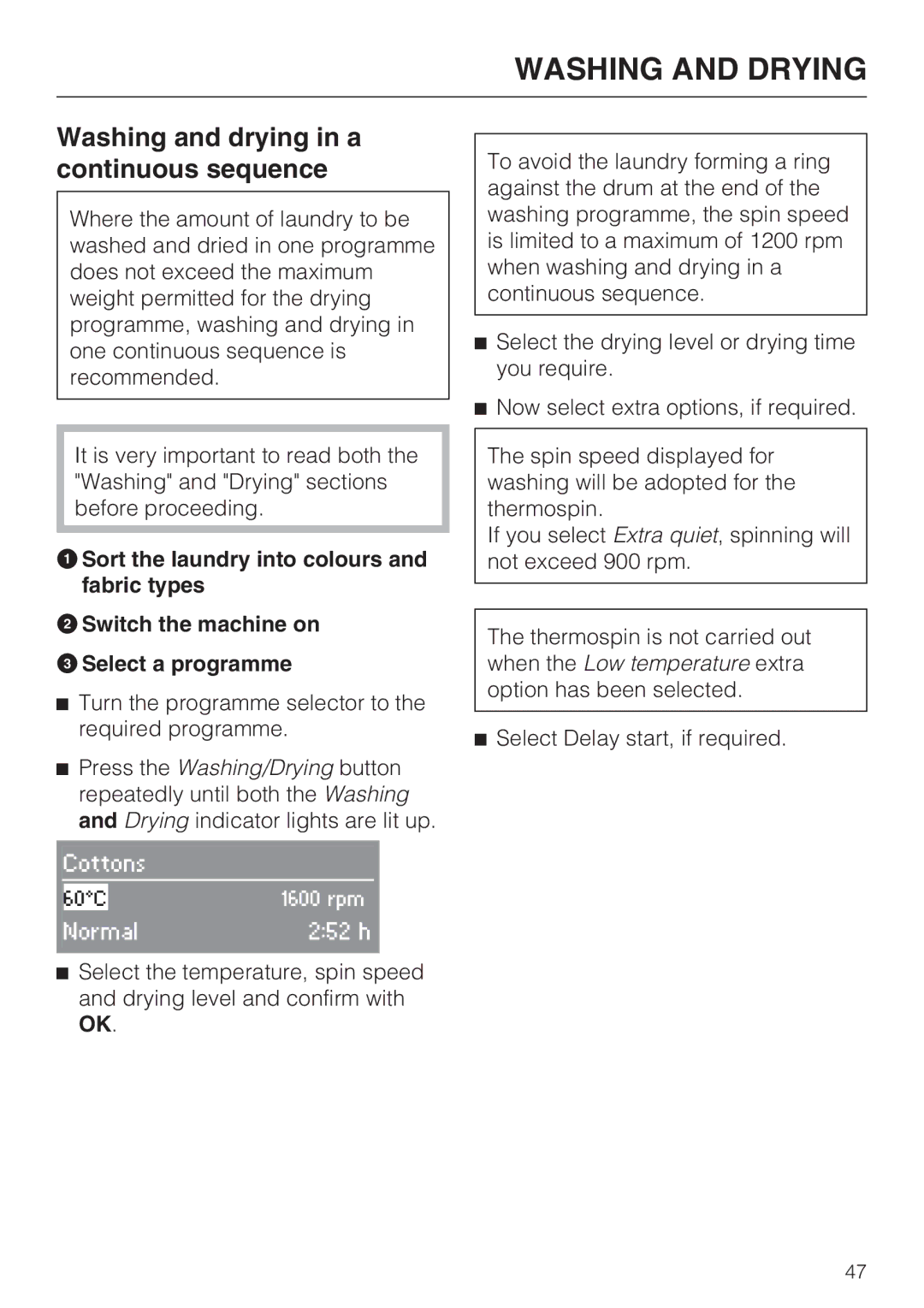 Miele WT2789iWPM operating instructions Washing and Drying, Washing and drying in a continuous sequence 