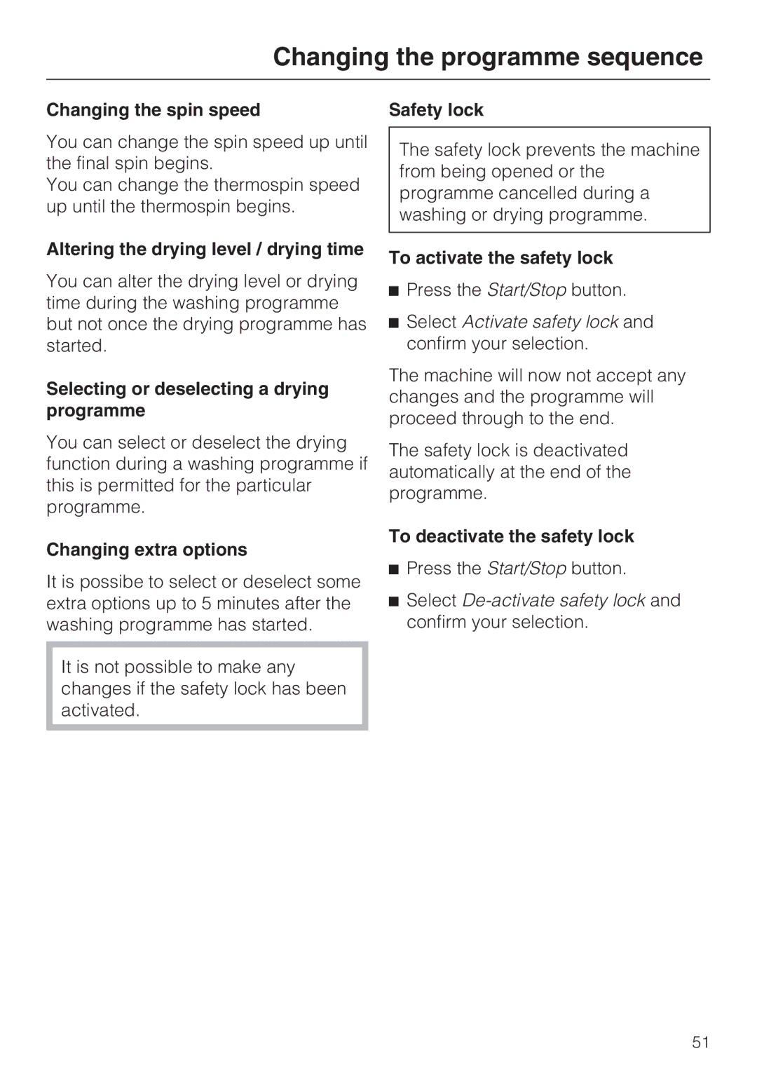 Miele WT2789iWPM Changing the spin speed Safety lock, Altering the drying level / drying time, Changing extra options 