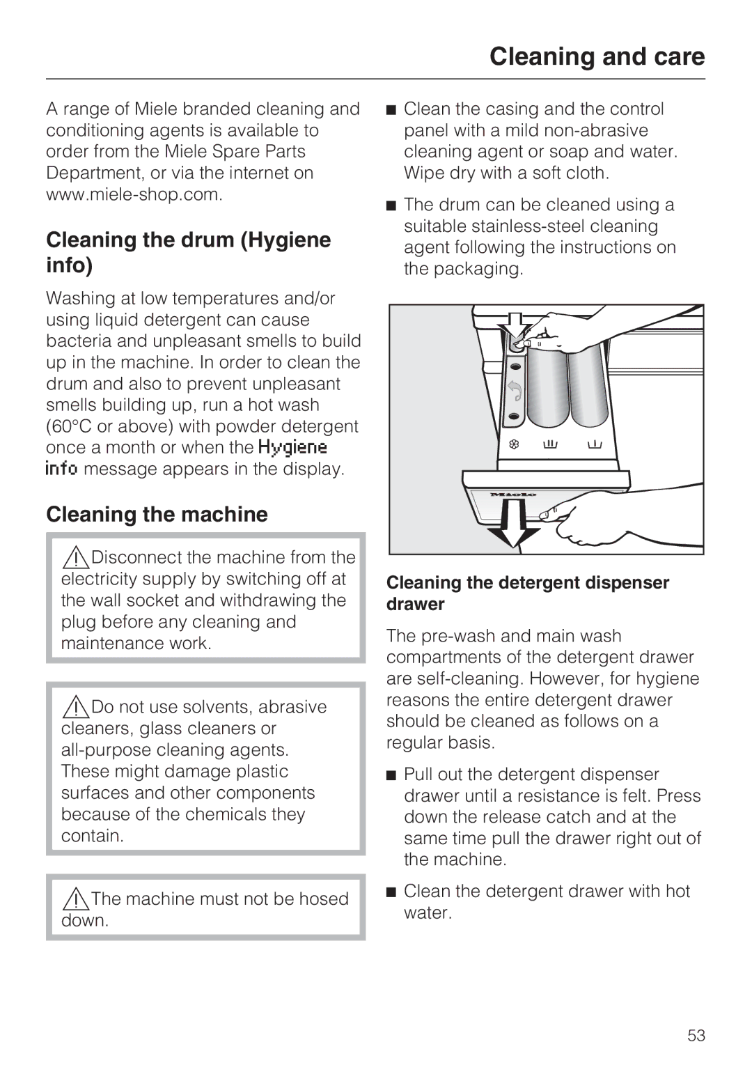 Miele WT2789iWPM operating instructions Cleaning and care, Cleaning the drum Hygiene info, Cleaning the machine 