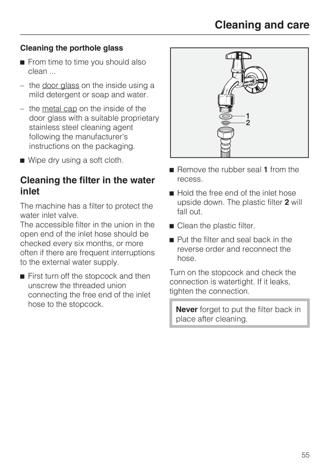 Miele WT2789iWPM operating instructions Cleaning the filter in the water inlet, Cleaning the porthole glass 