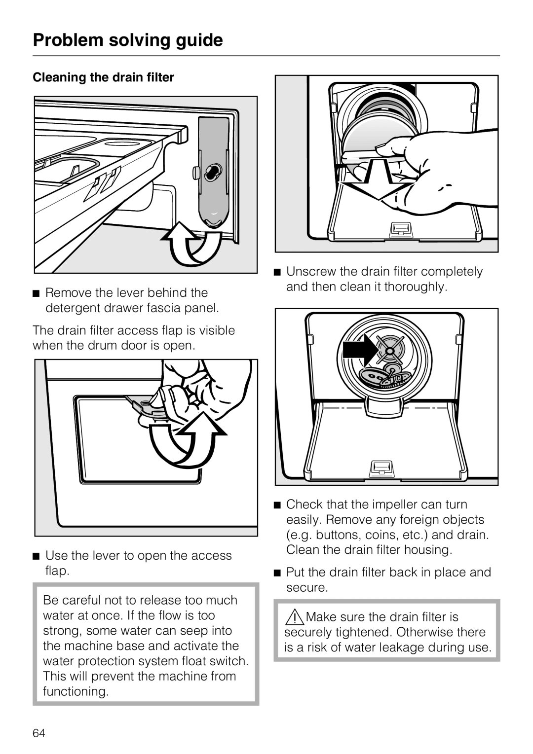 Miele WT2789iWPM operating instructions Cleaning the drain filter 