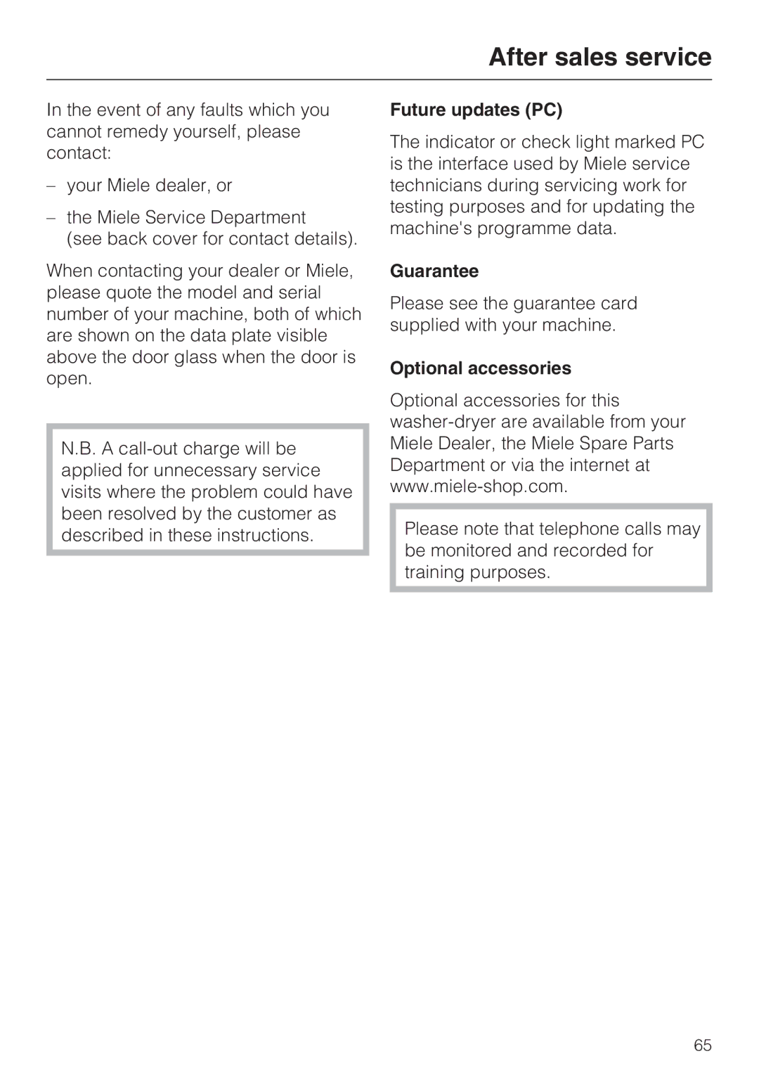 Miele WT2789iWPM operating instructions After sales service, Future updates PC, Guarantee, Optional accessories 