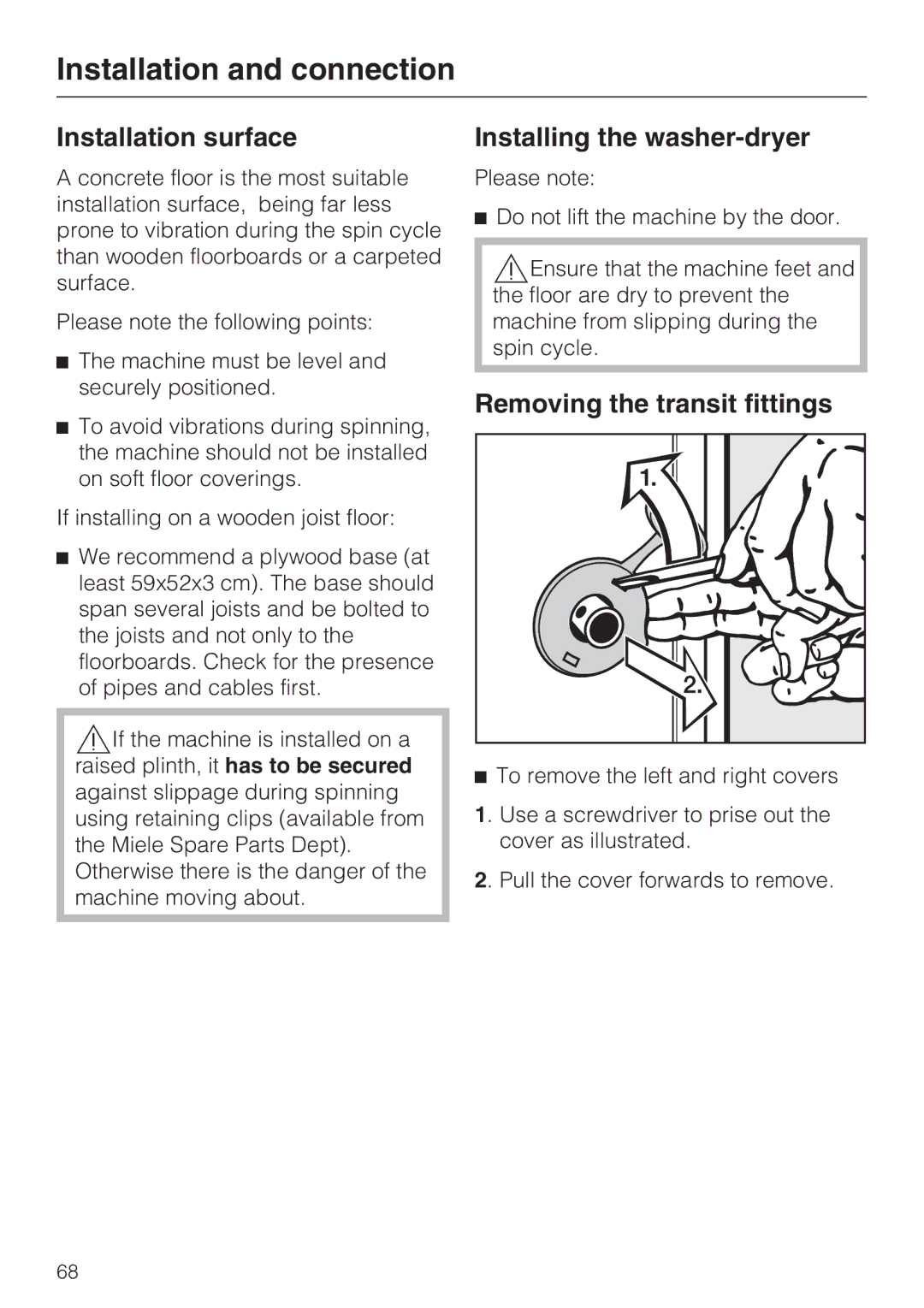 Miele WT2789iWPM operating instructions Installation surface, Installing the washer-dryer, Removing the transit fittings 