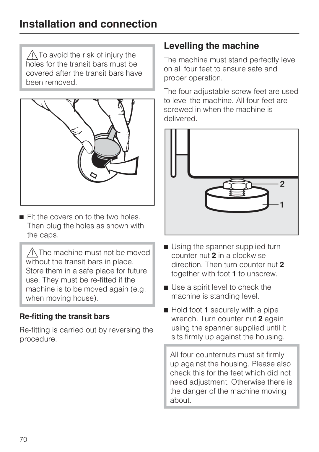 Miele WT2789iWPM operating instructions Levelling the machine, Re-fitting the transit bars 