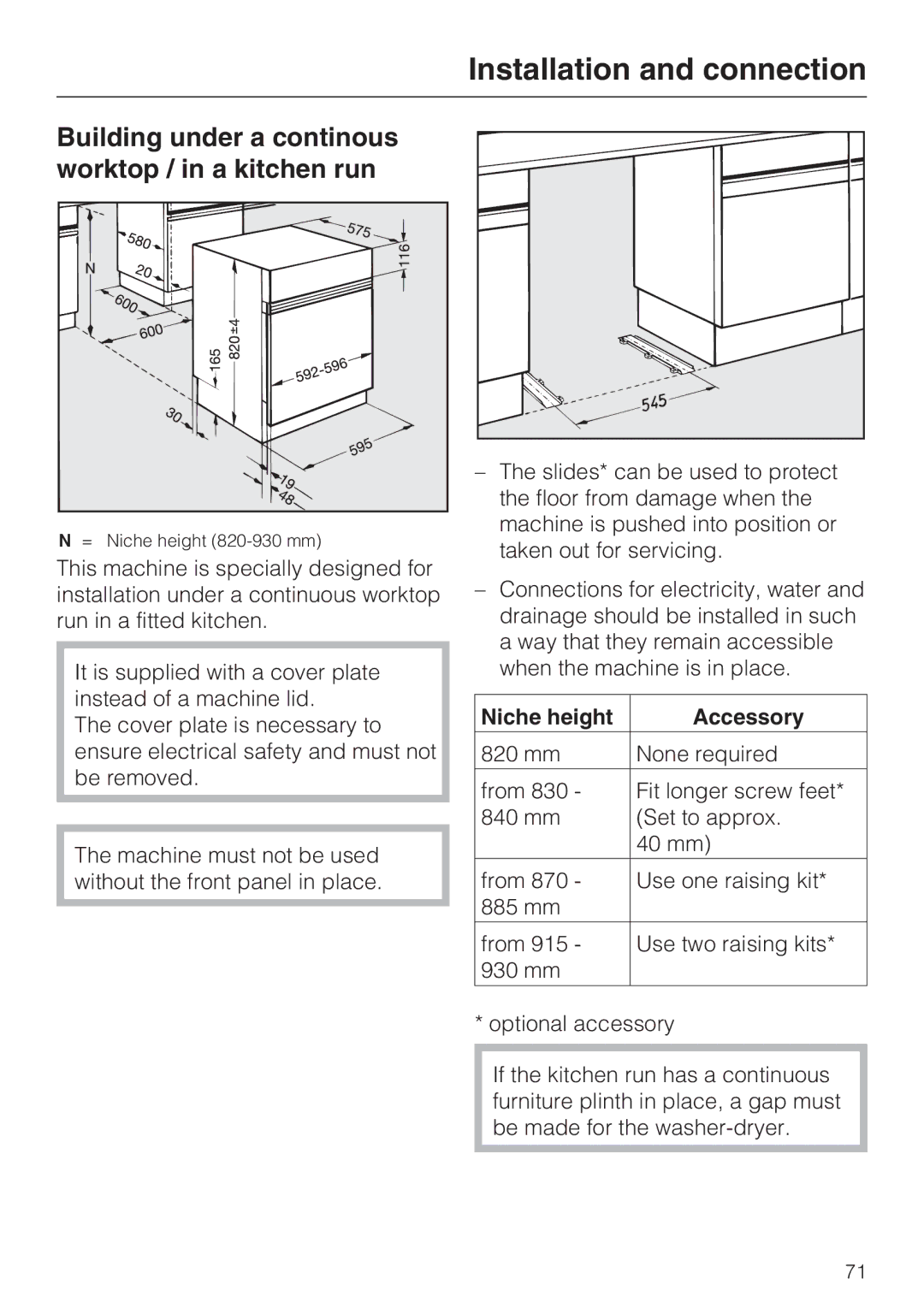 Miele WT2789iWPM operating instructions Building under a continous worktop / in a kitchen run, Niche height Accessory 