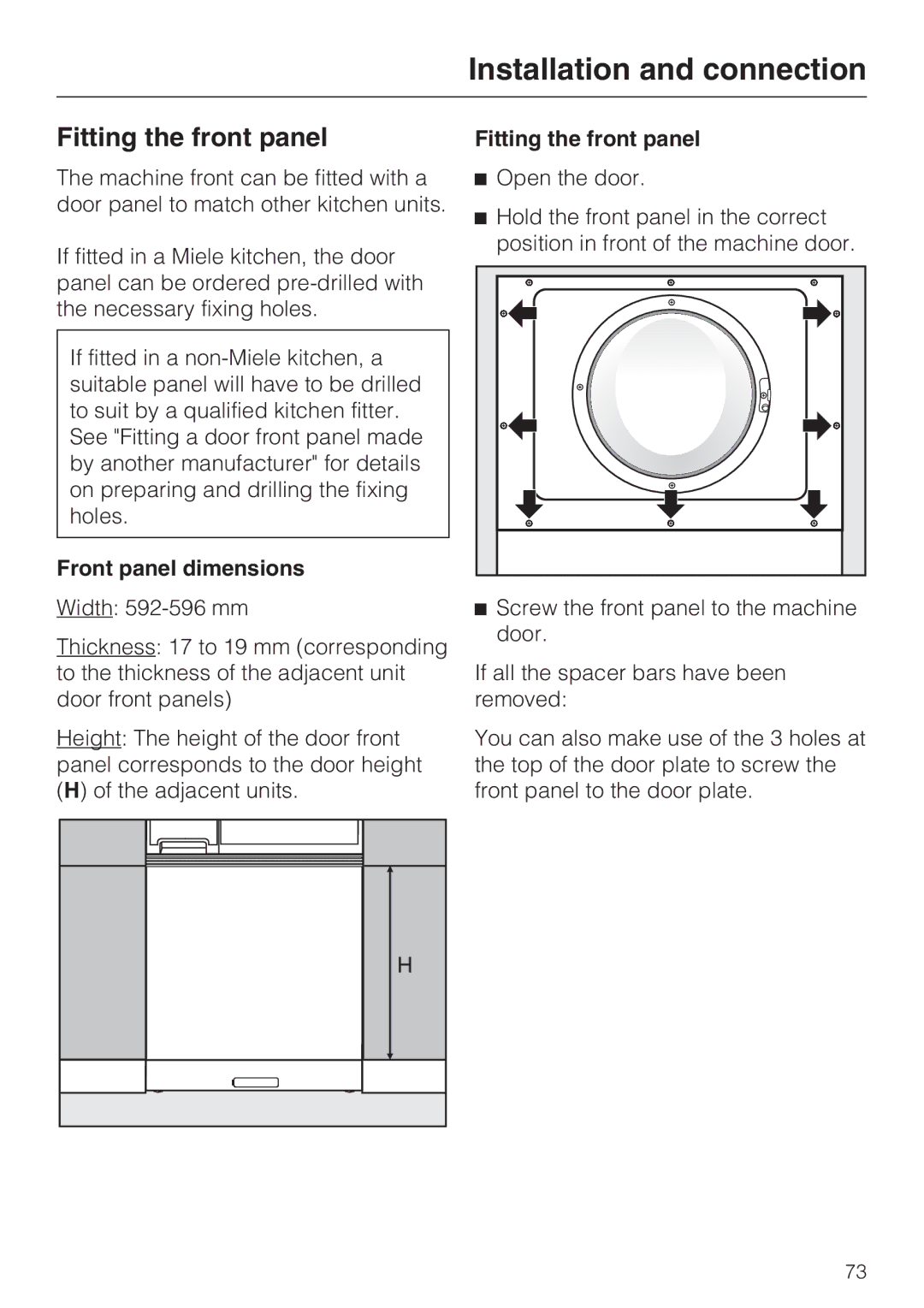 Miele WT2789iWPM operating instructions Fitting the front panel, Front panel dimensions 