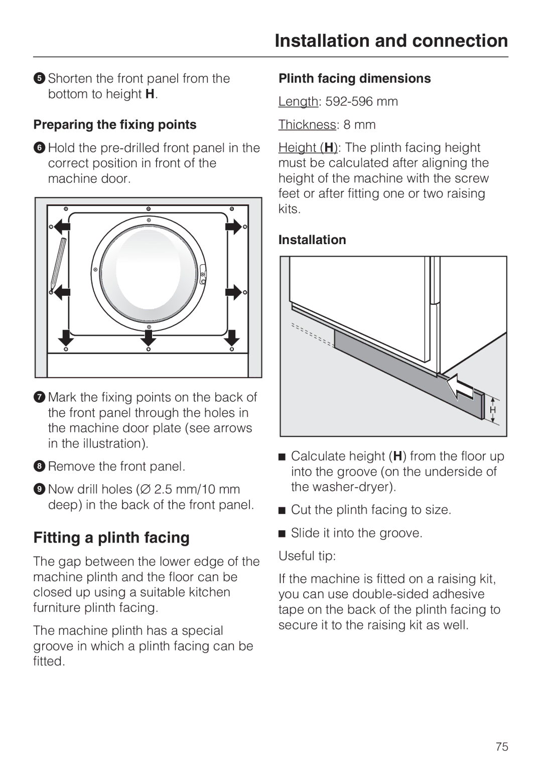 Miele WT2789iWPM Fitting a plinth facing, Preparing the fixing points, Plinth facing dimensions, Installation 