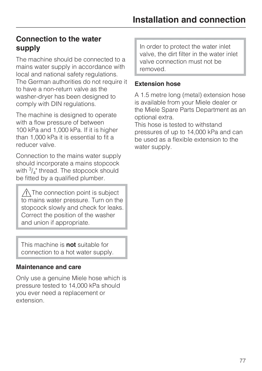 Miele WT2789iWPM operating instructions Connection to the water supply, Maintenance and care, Extension hose 