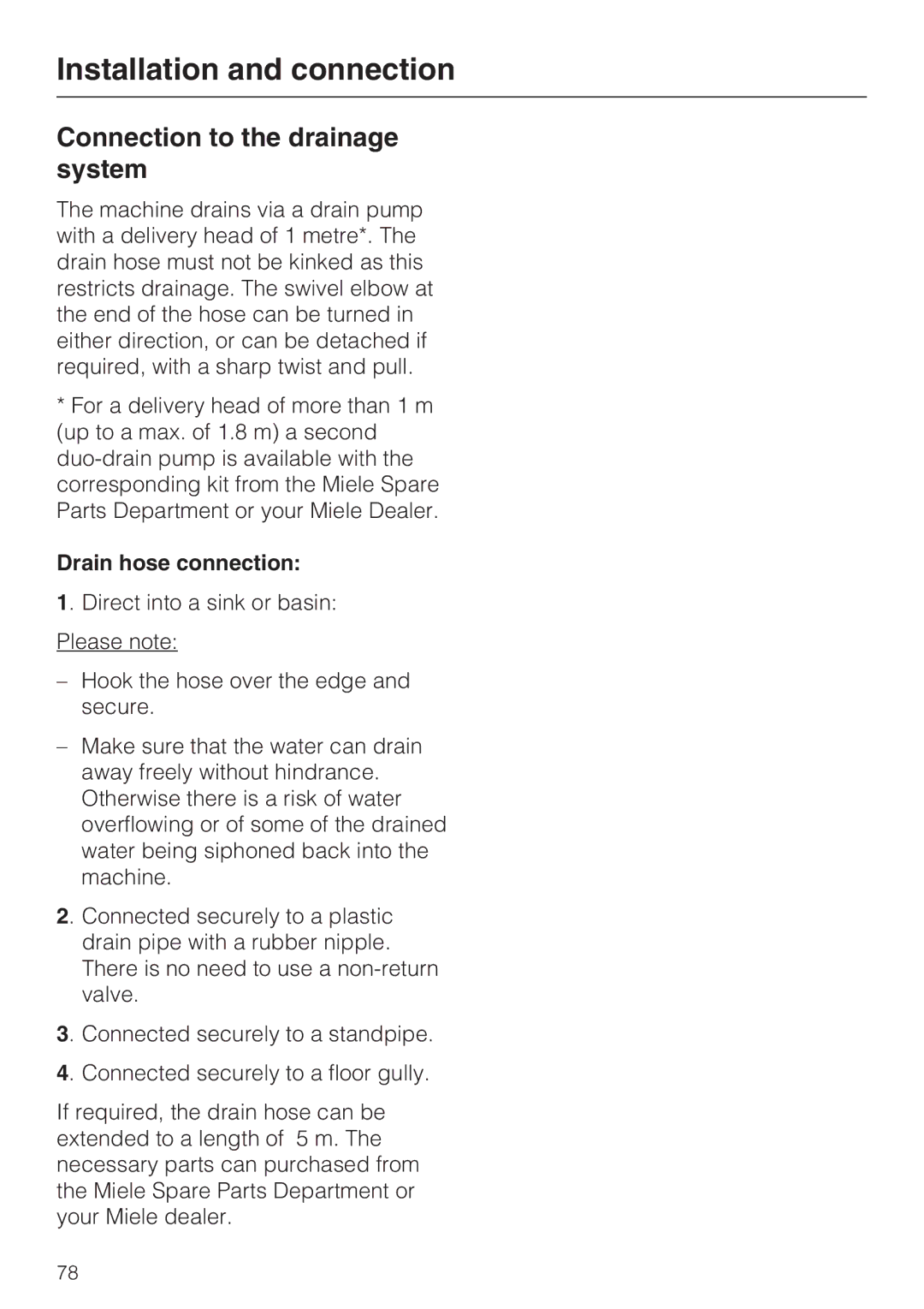 Miele WT2789iWPM operating instructions Connection to the drainage system, Drain hose connection 