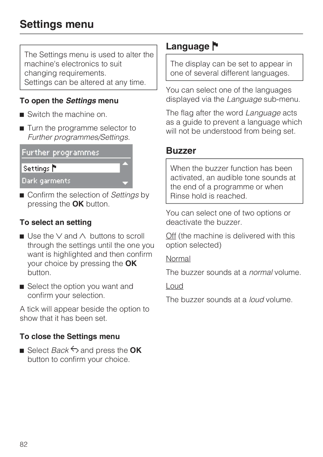 Miele WT2789iWPM operating instructions Settings menu, Language, Buzzer 