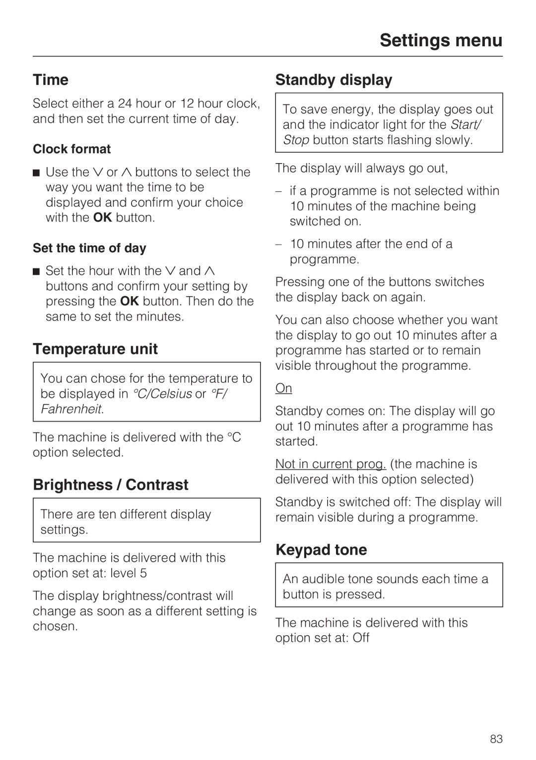 Miele WT2789iWPM operating instructions Time, Temperature unit, Brightness / Contrast, Standby display, Keypad tone 