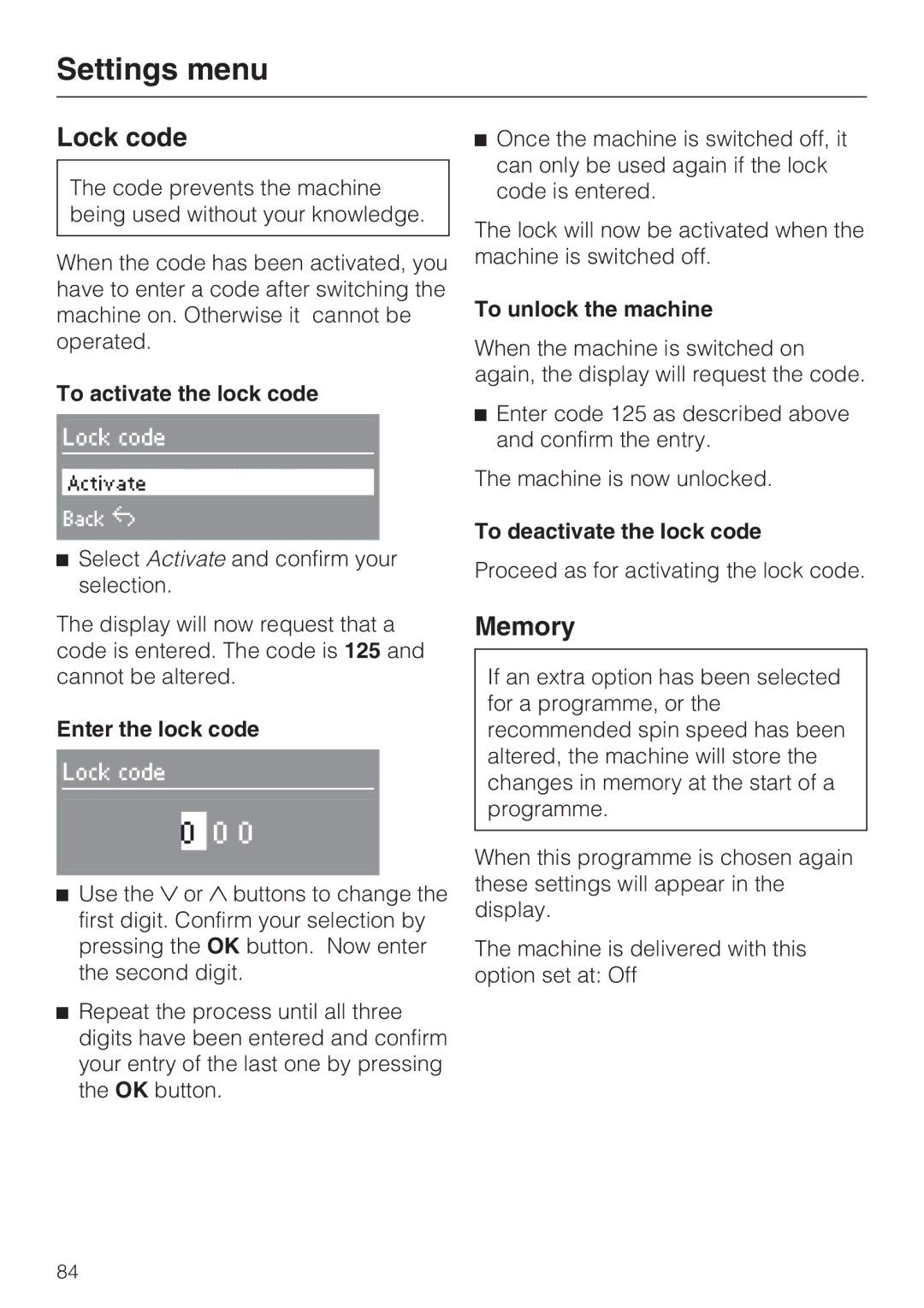 Miele WT2789iWPM operating instructions Lock code, Memory 