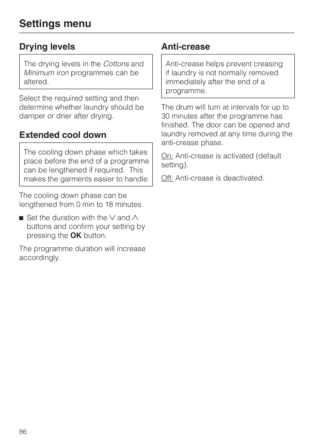 Miele WT2789iWPM operating instructions Drying levels Anti-crease, Extended cool down 