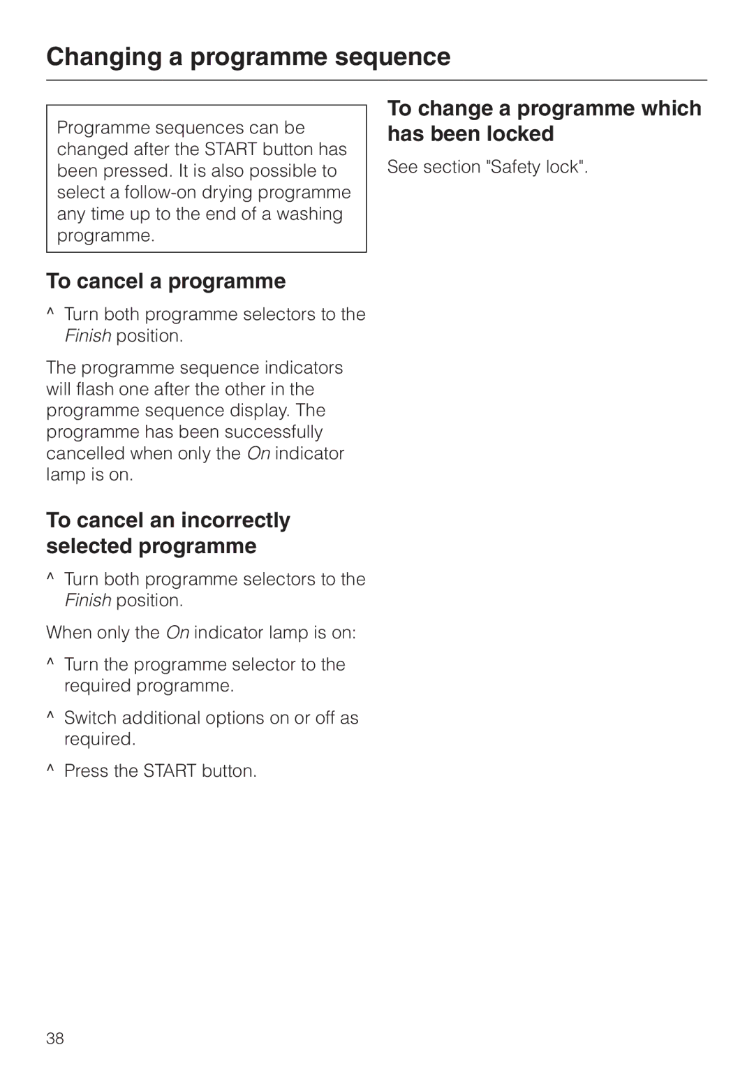 Miele wt945 Changing a programme sequence, To cancel a programme, To cancel an incorrectly selected programme 