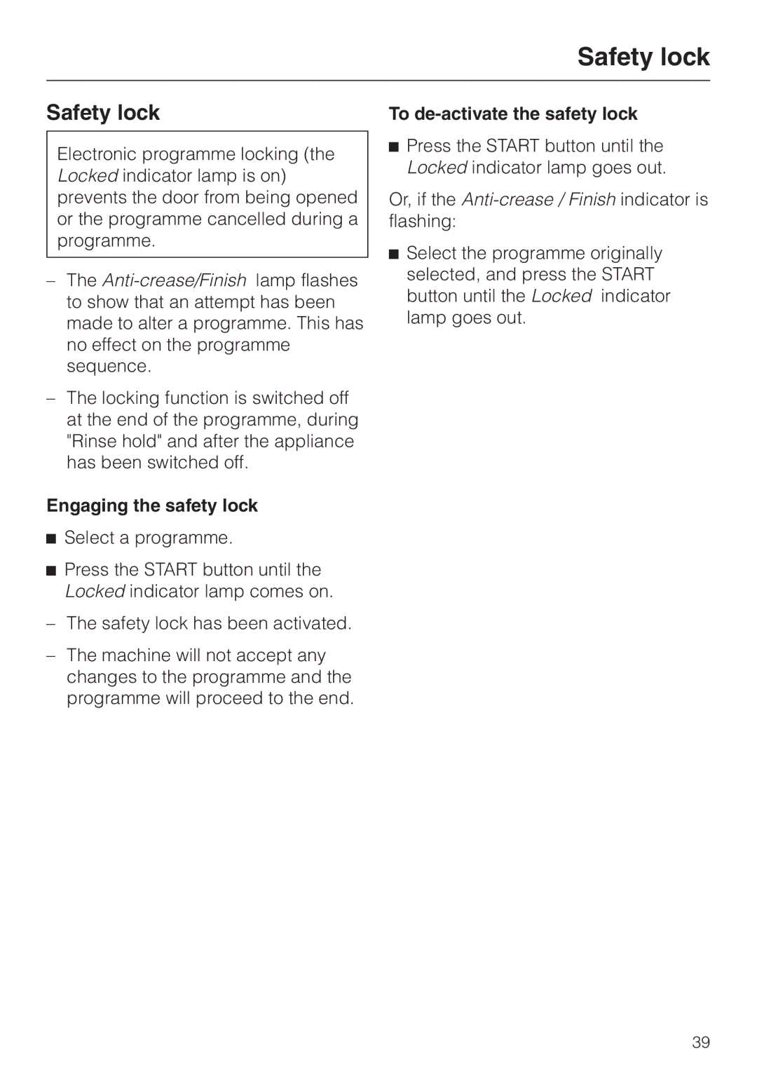 Miele WT 945 S WPS, wt945 operating instructions Safety lock, Engaging the safety lock 