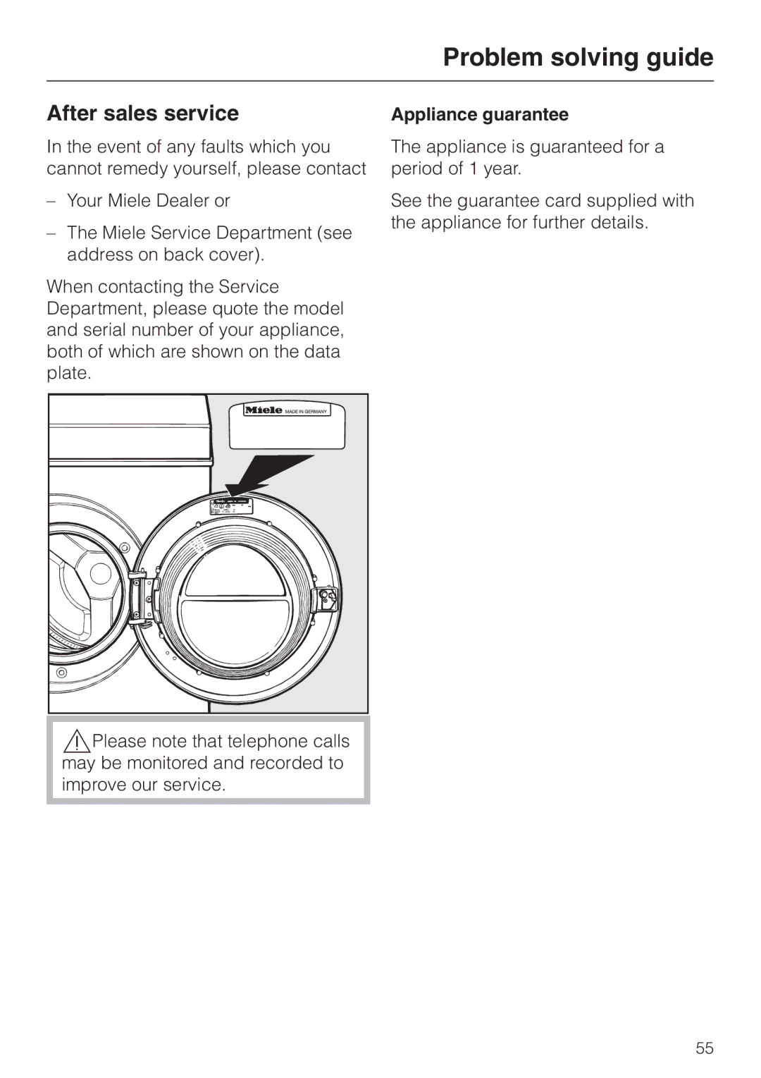 Miele WT 945 S WPS, wt945 operating instructions After sales service, Appliance guarantee 