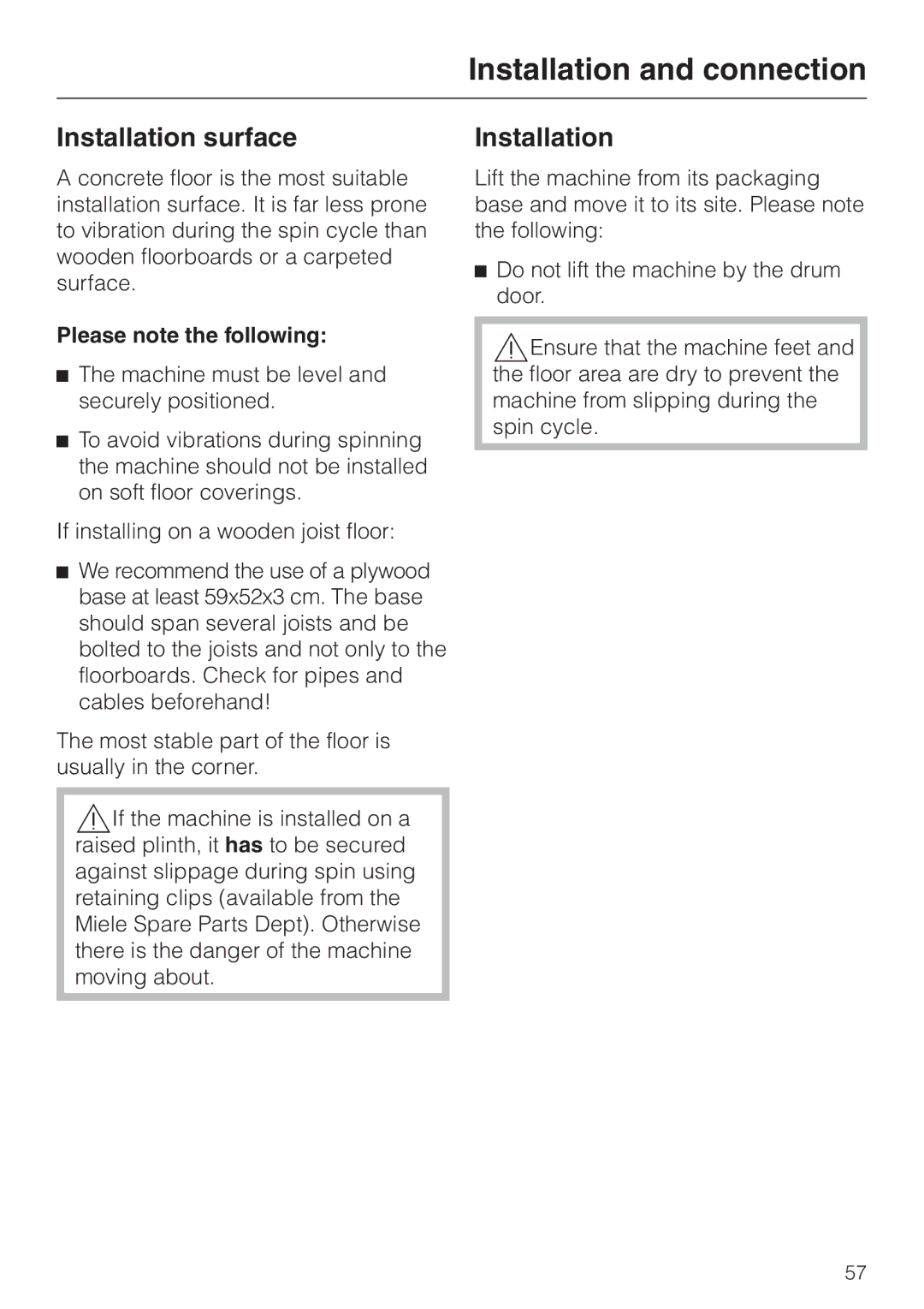 Miele WT 945 S WPS, wt945 operating instructions Installation surface, Please note the following 