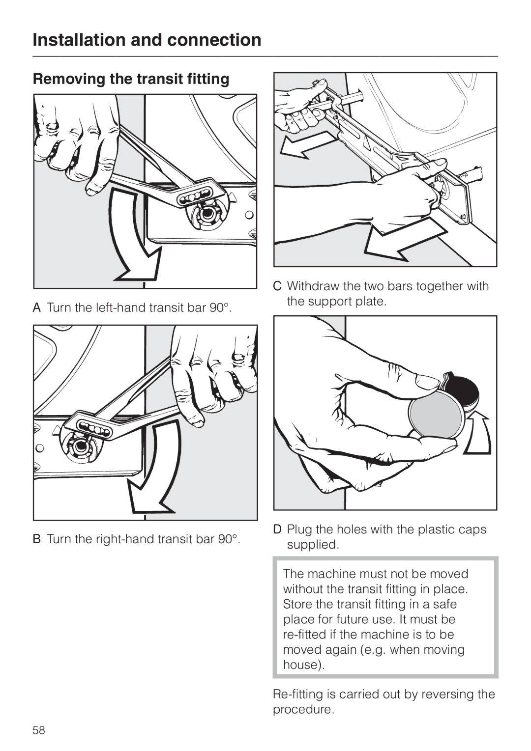 Miele wt945, WT 945 S WPS operating instructions Removing the transit fitting 