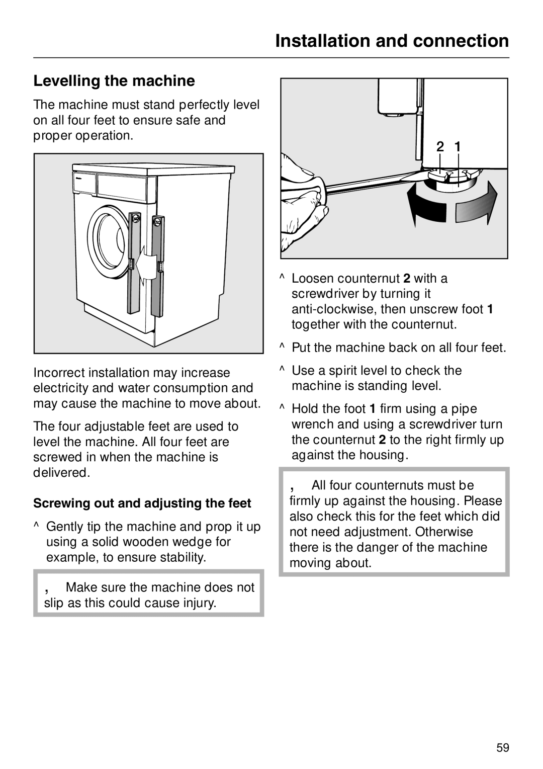 Miele WT 945 S WPS, wt945 operating instructions Levelling the machine, Screwing out and adjusting the feet 