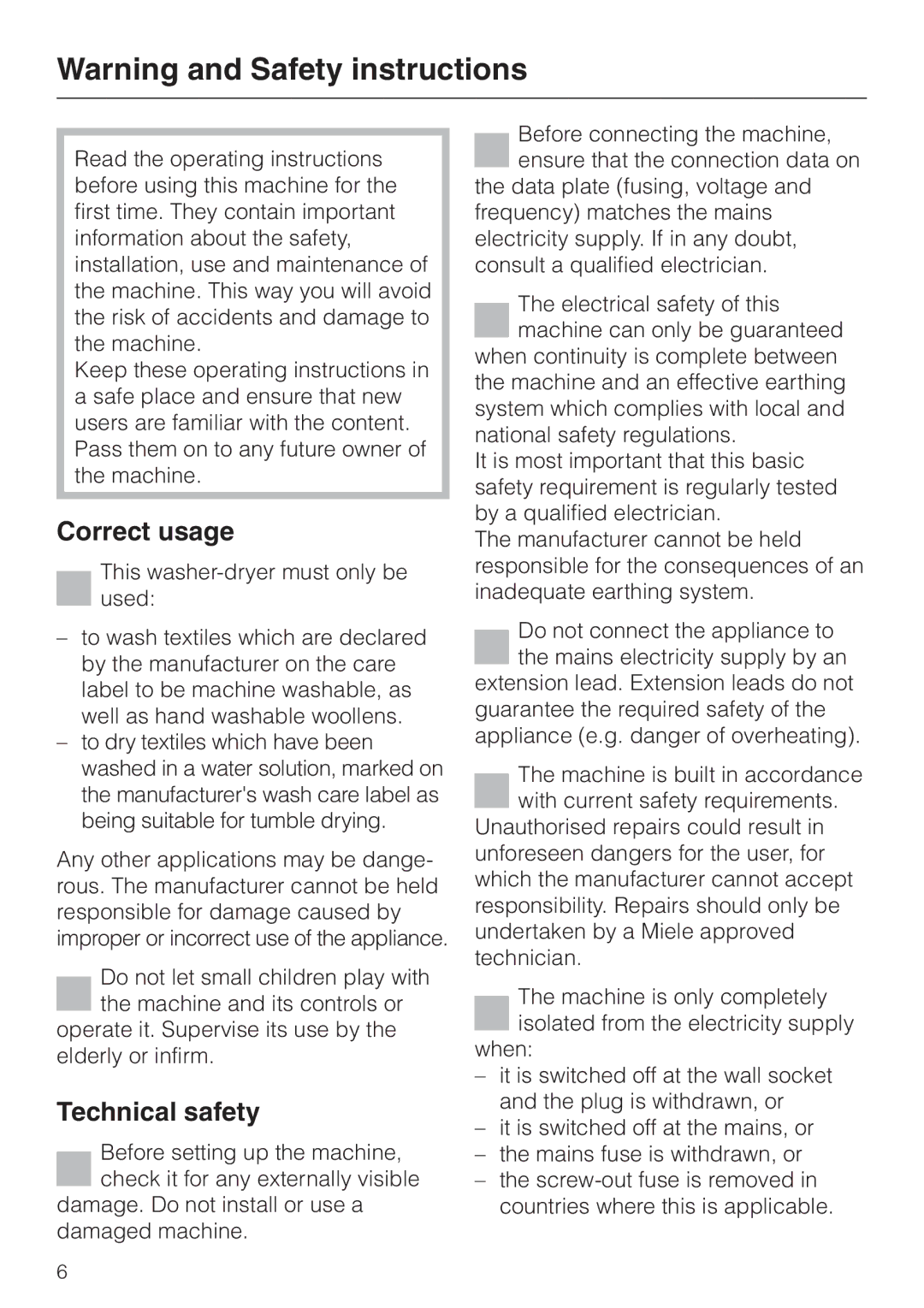 Miele wt945, WT 945 S WPS operating instructions Correct usage, Technical safety 