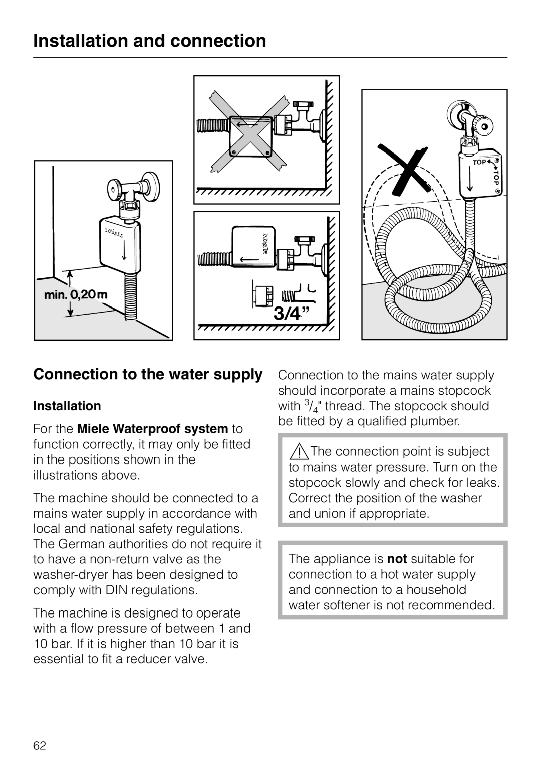 Miele wt945, WT 945 S WPS operating instructions Connection to the water supply 