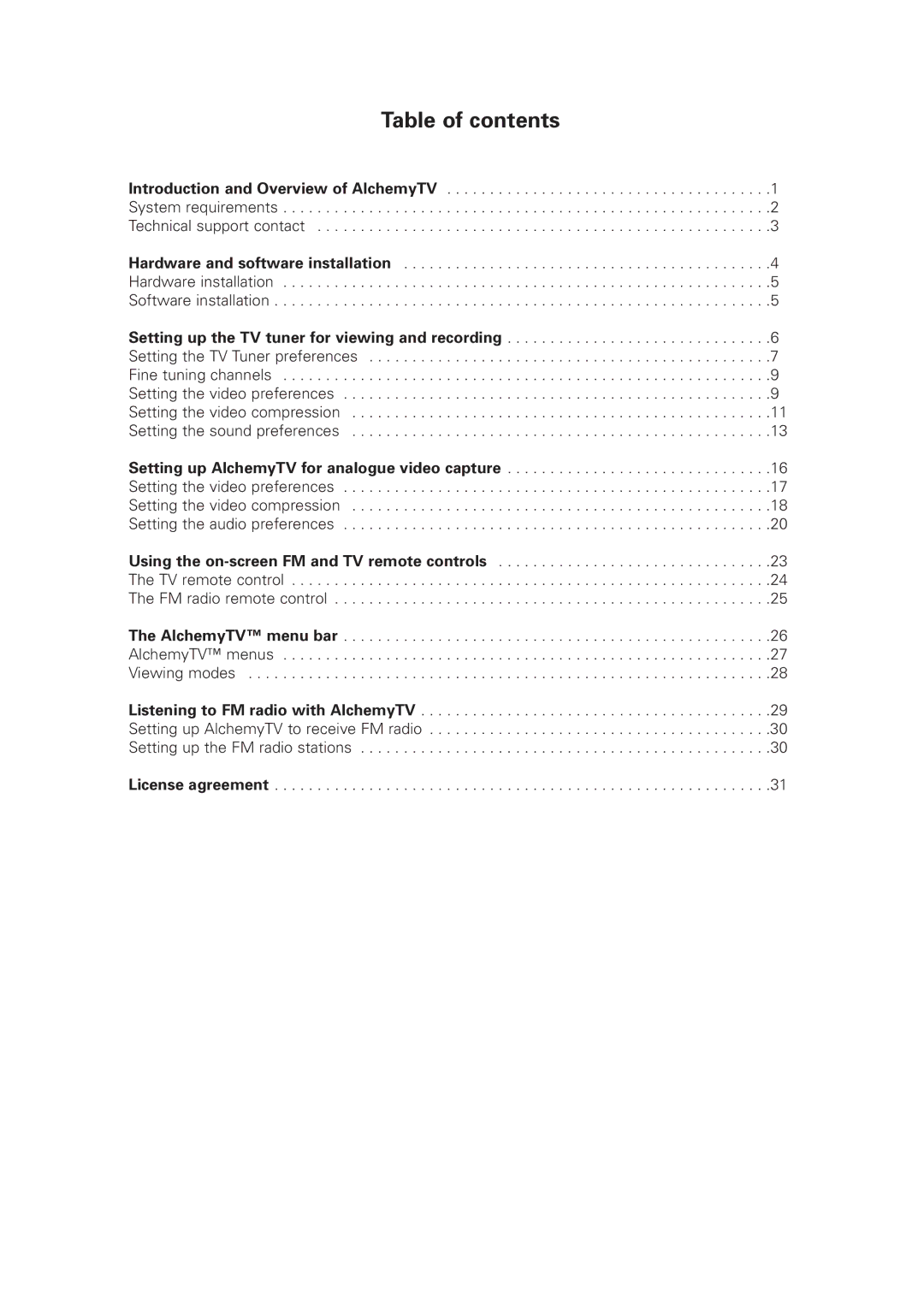 Miglia Technology Alchemy TV manual Table of contents 