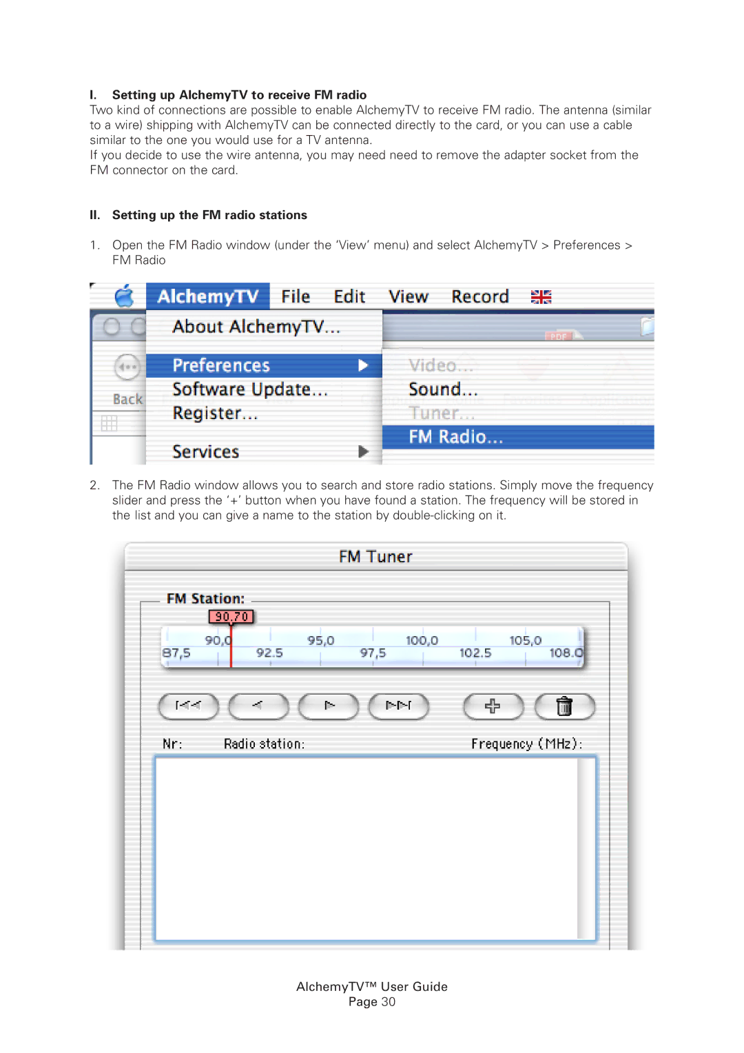 Miglia Technology Alchemy TV manual Setting up AlchemyTV to receive FM radio, II. Setting up the FM radio stations 