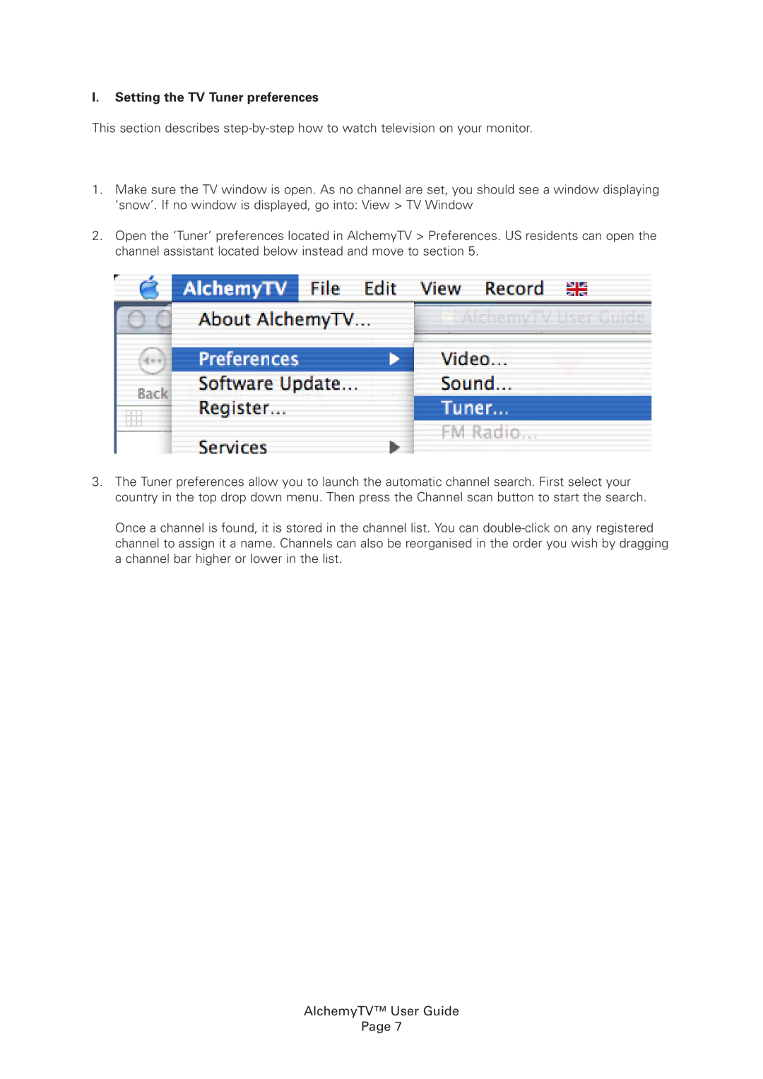 Miglia Technology Alchemy TV manual Setting the TV Tuner preferences 