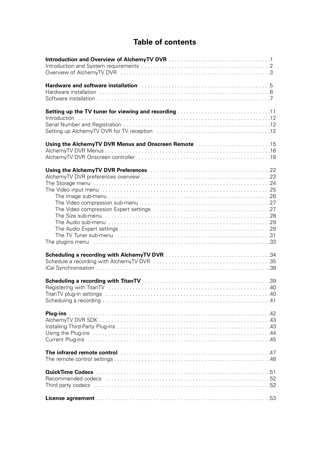 Miglia Technology AlchemyTV DVR manual Table of contents 